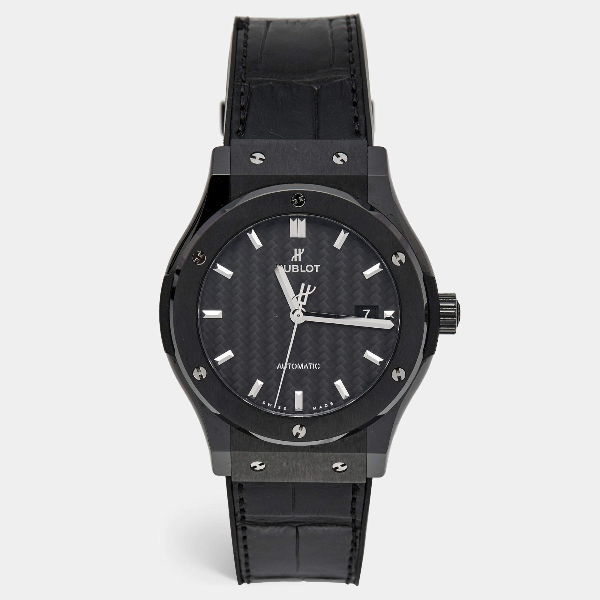 Hublot Black Carbon Fiber Ceramic Stainless Steel Rubber Alligator Leather Classic Fusion 542.CM.1771.RX Men's Wristwatch 42 mm
