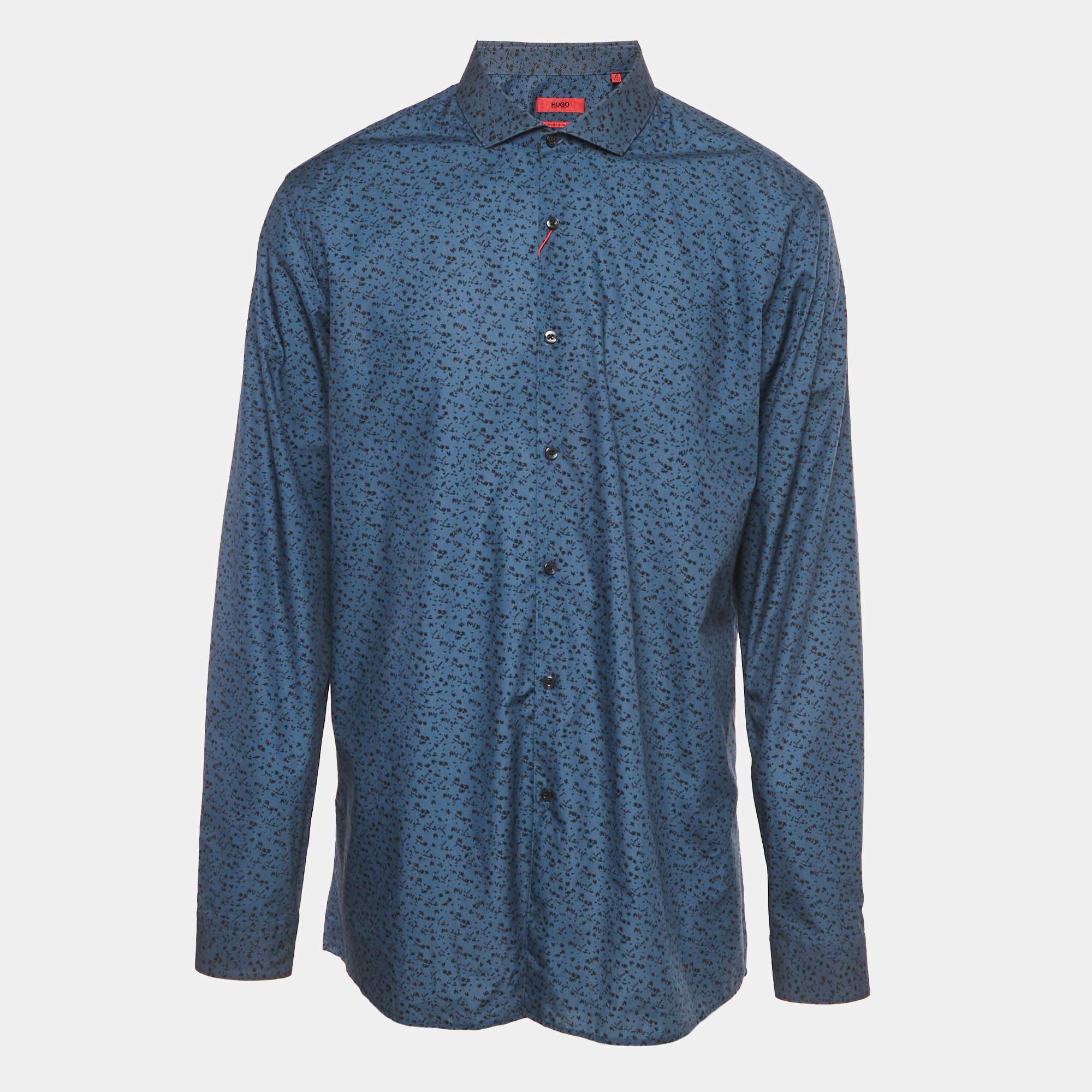 Pre Owned Hugo Boss Blue Printed Cotton Extra Slim Fit Erriko Shirt M
