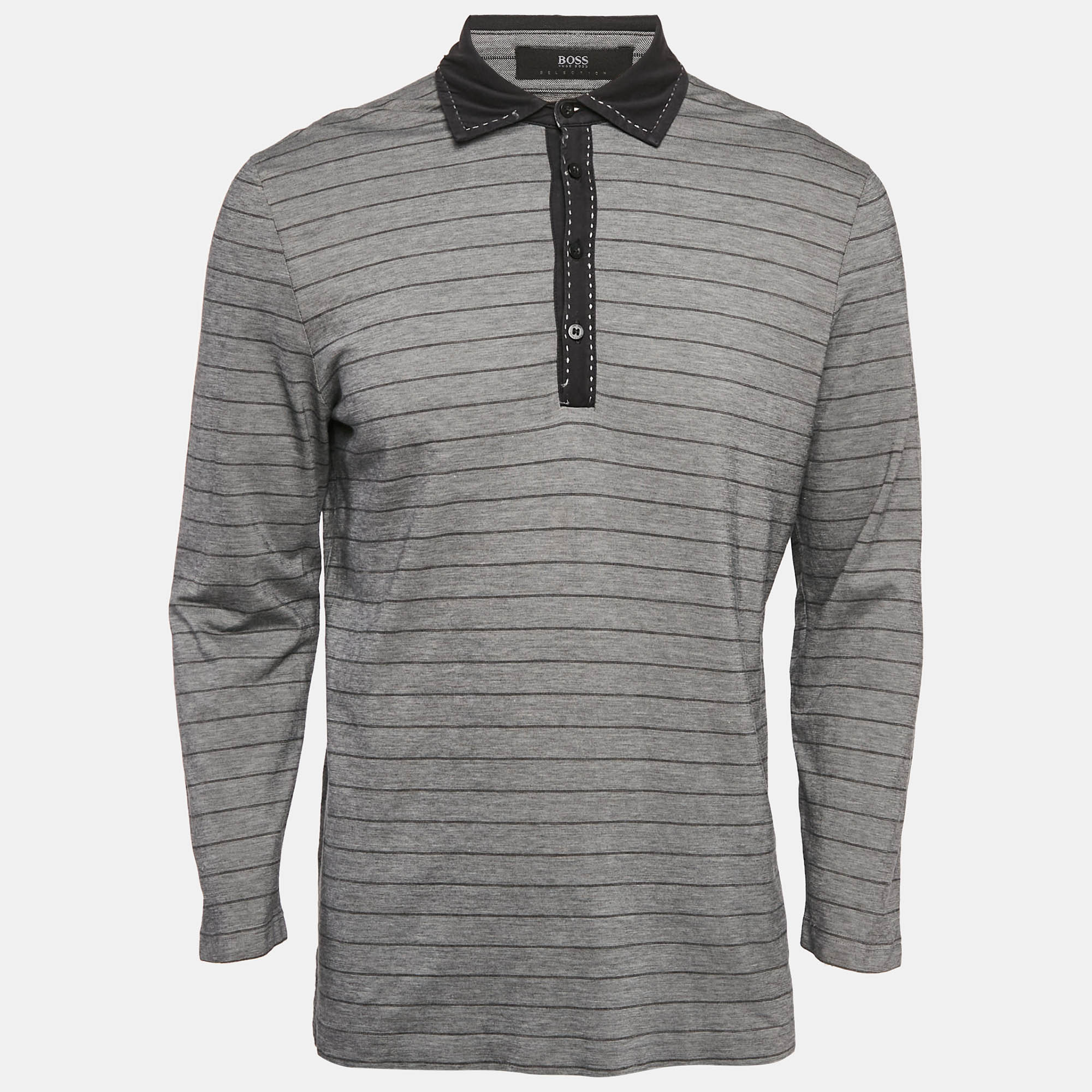 Boss by Hugo Boss Grey Striped Jersey Long Sleeve Polo T-Shirt L