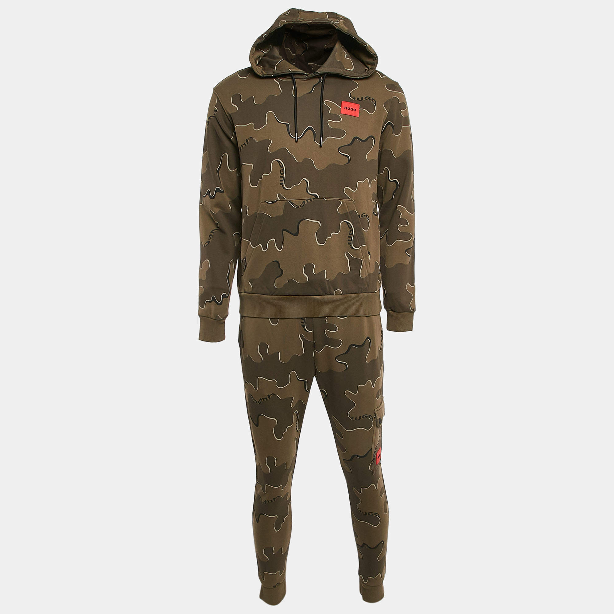 Hugo Boss Green Military Print Cotton Knit Hoodie & Cargo Jogger Set S