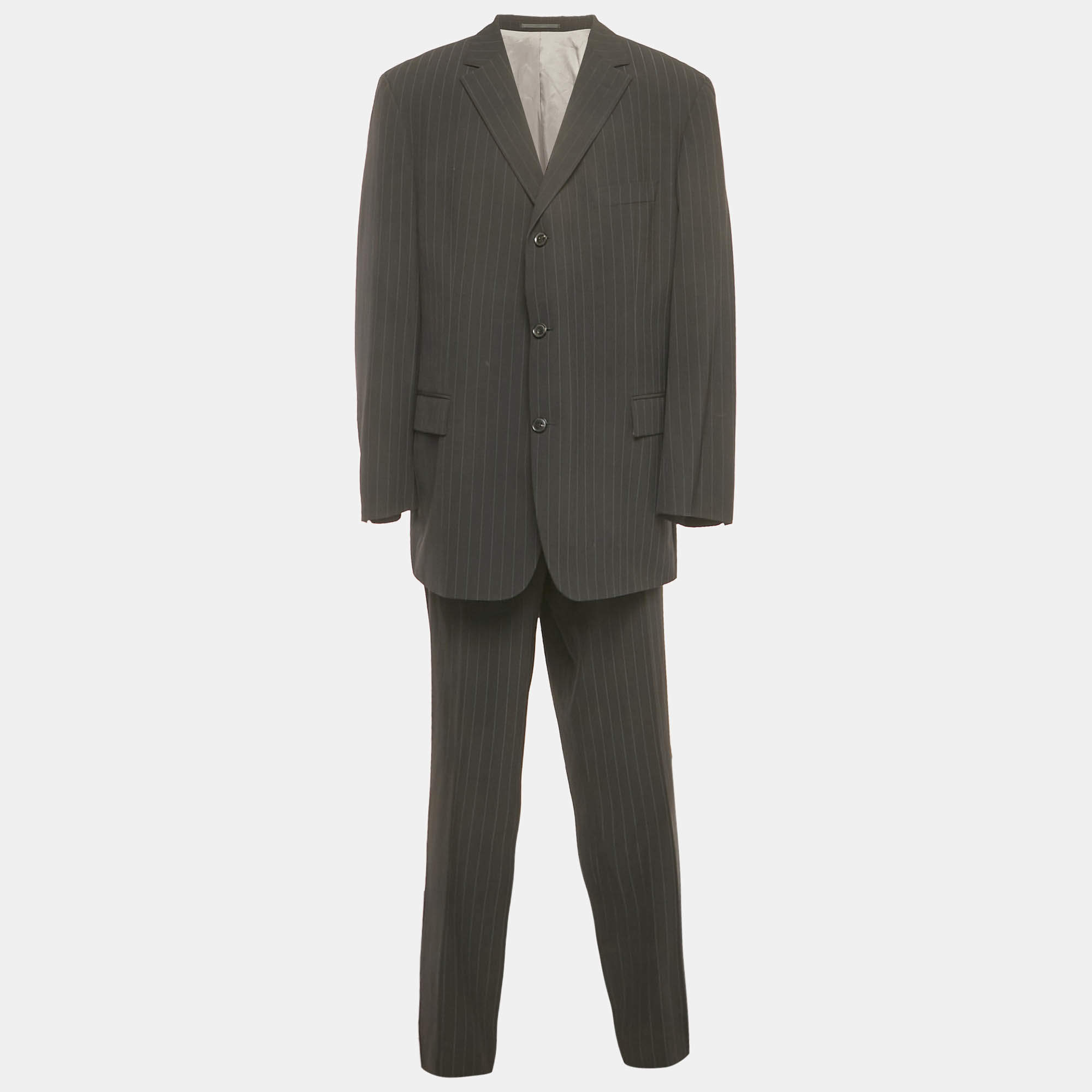 Pre Owned Hugo Boss Black Pinstriped Wool Regular Fit Suit 4XL