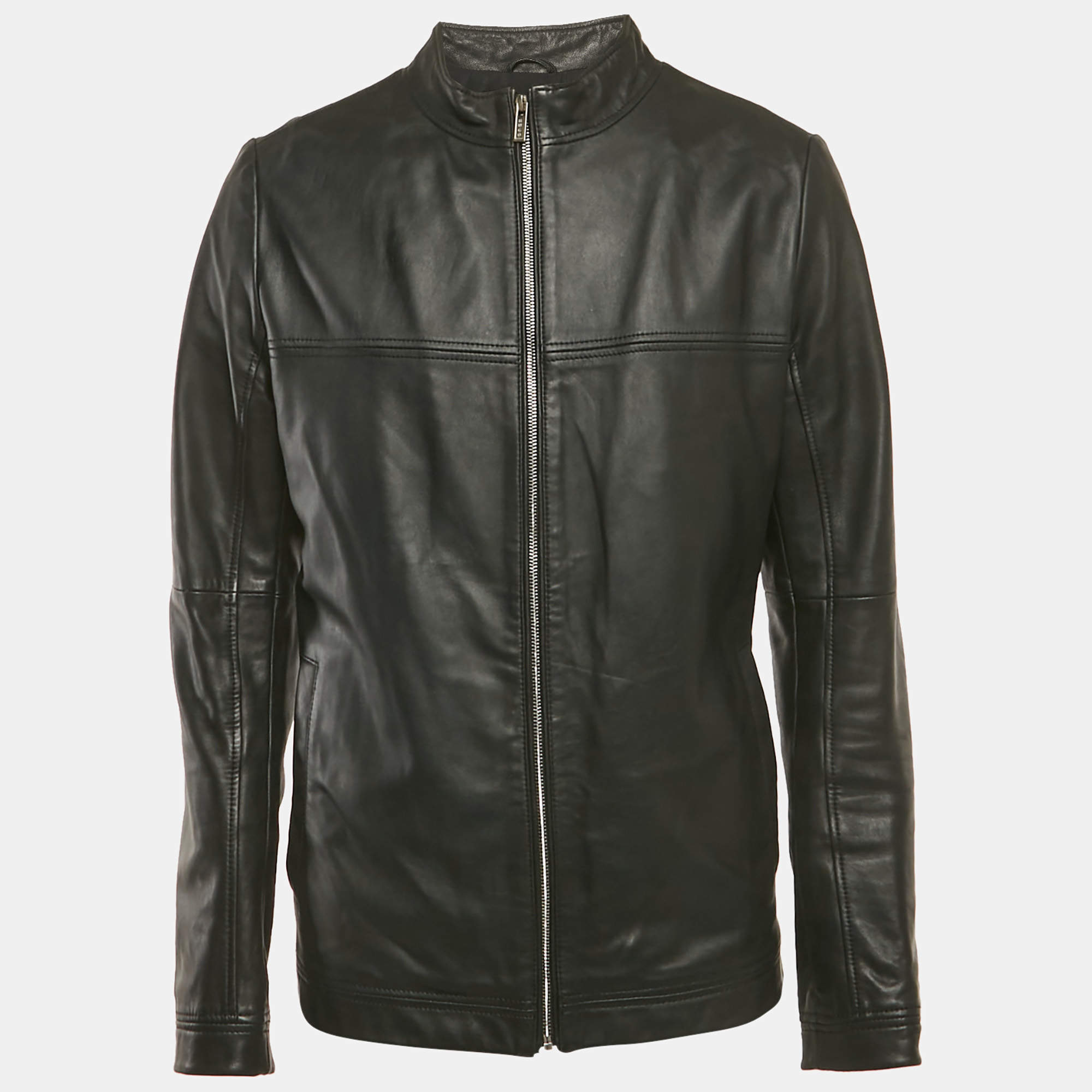 Pre Owned Hugo Boss Black Leather Zip-Up Laudin  Jacket 3XL