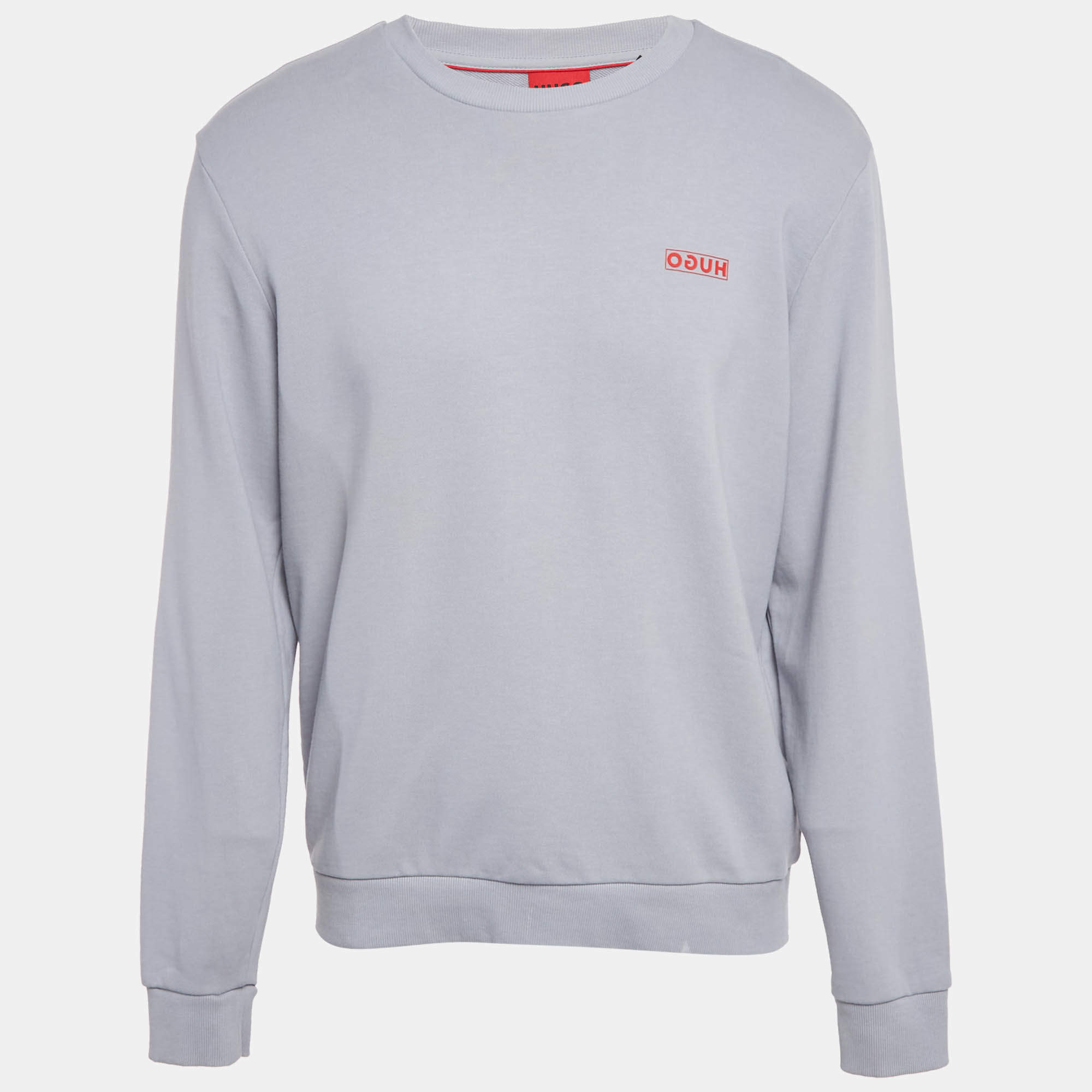 Pre Owned Hugo Boss Grey/Blue Logo Print Cotton Long Sleeve Sweatshirt L