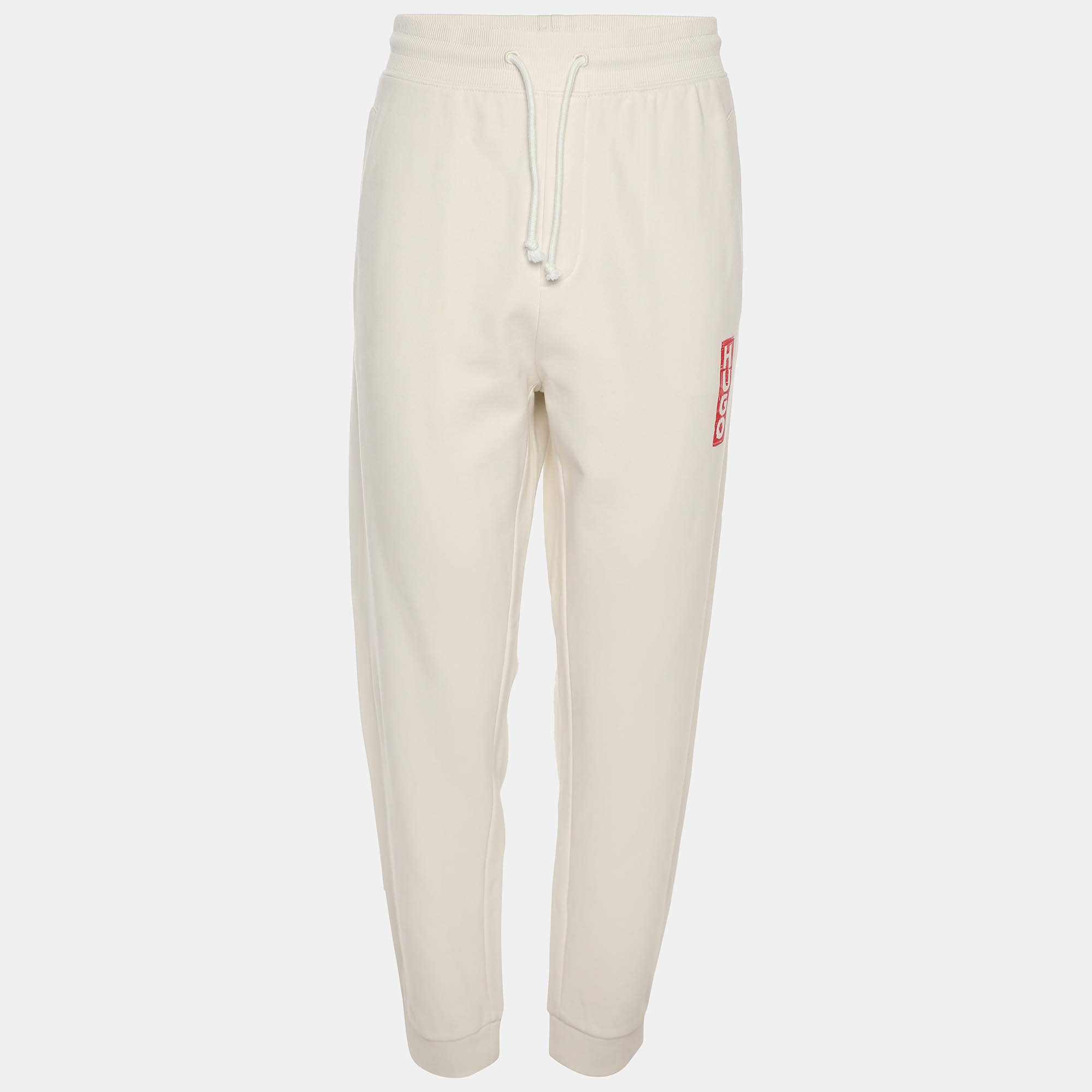 Pre Owned Hugo Boss Cream Jersey Logo Print Drawstring Jogger Pants XL