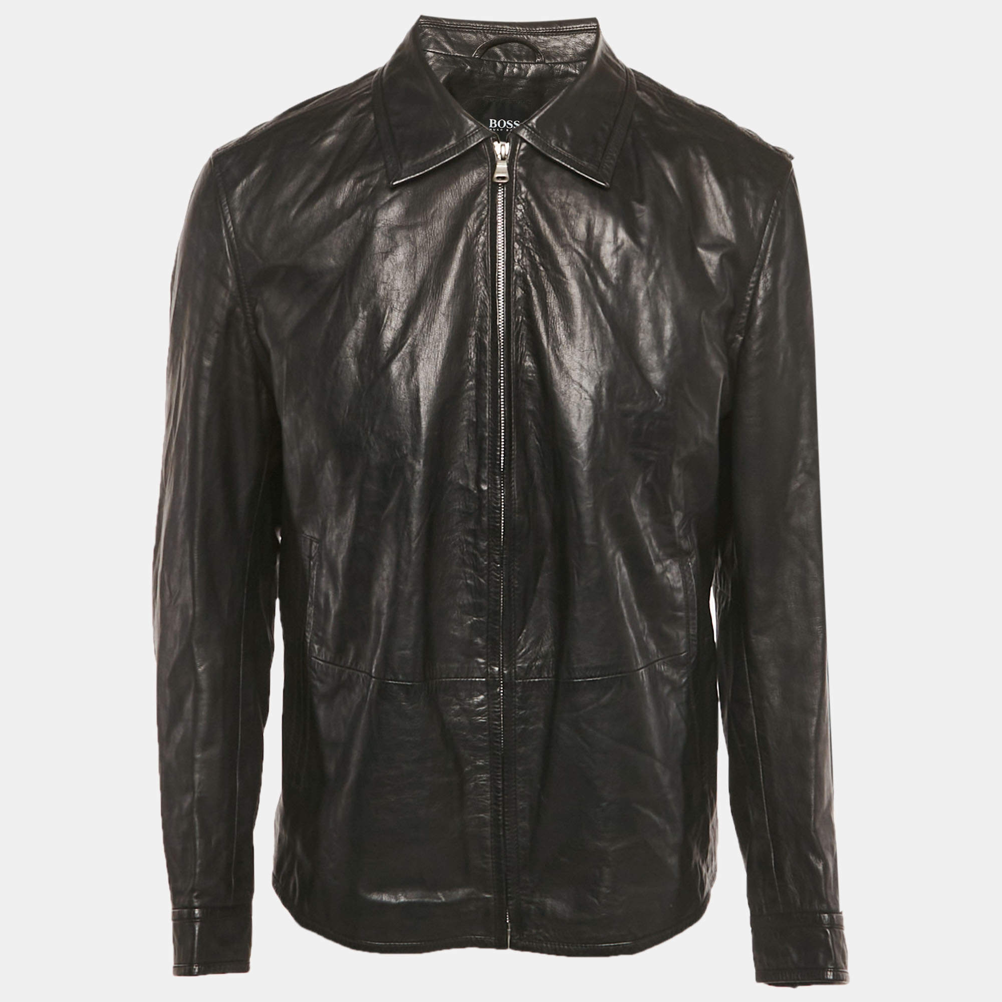 Pre Owned جاكت بوس باي هوغو بوس جلد أسود بسحاب أمامي كبير جدا