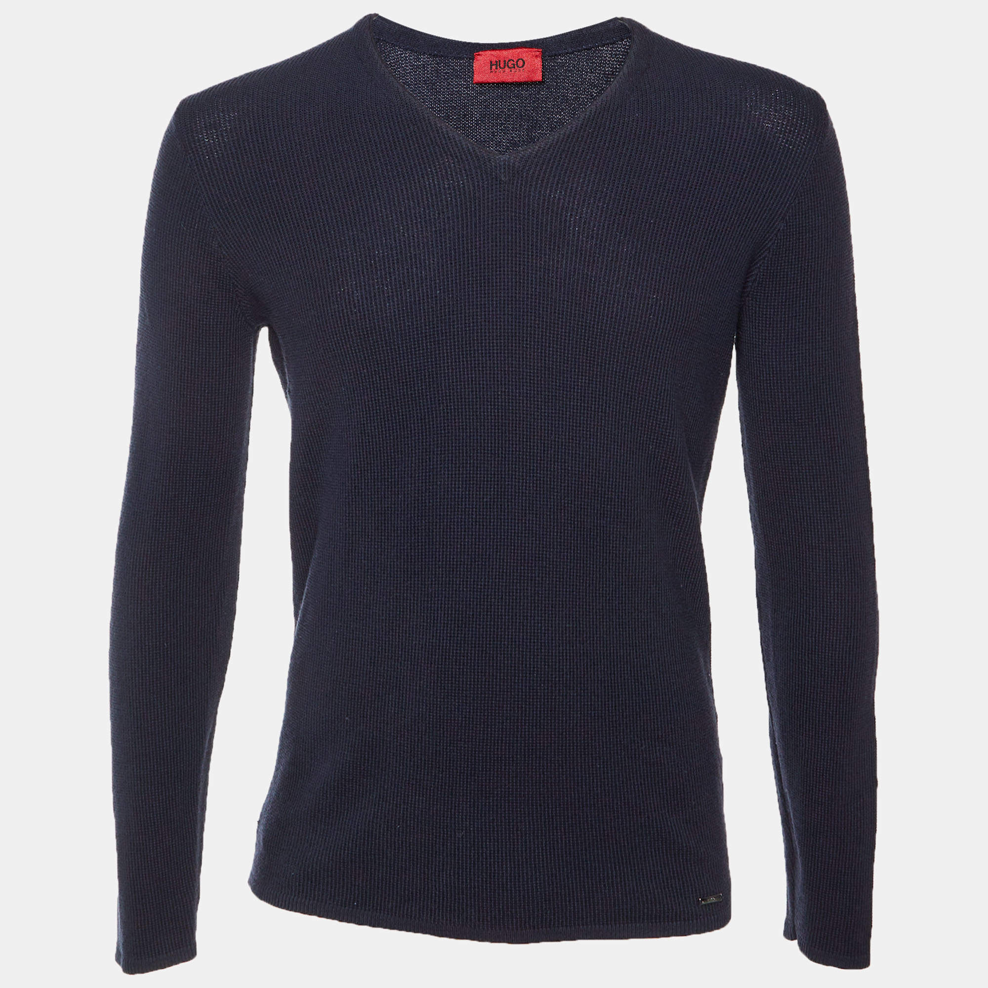 Pre Owned بلوفر هوجو بوس كحلي بنمط قطن وصوف بحياكة برقبة V مقاس متوسط