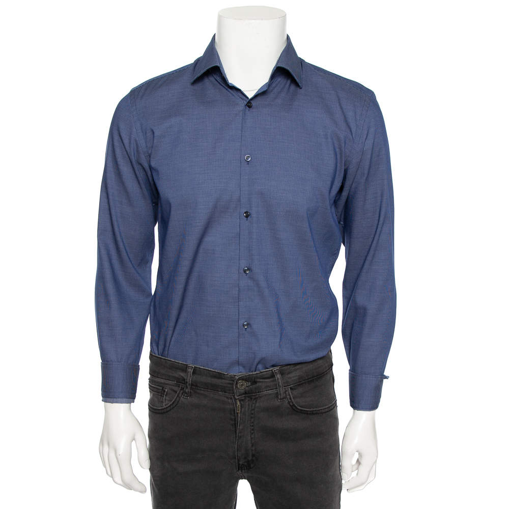 Pre Owned Hugo by Hugo Boss Navy Blue Cotton Slim Fit Shirt M 