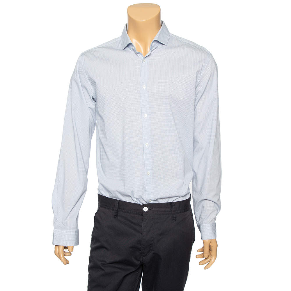 Pre Owned Hugo by Hugo Boss White-Blue Printed Cotton Extra Slim Fit Shirt XXL