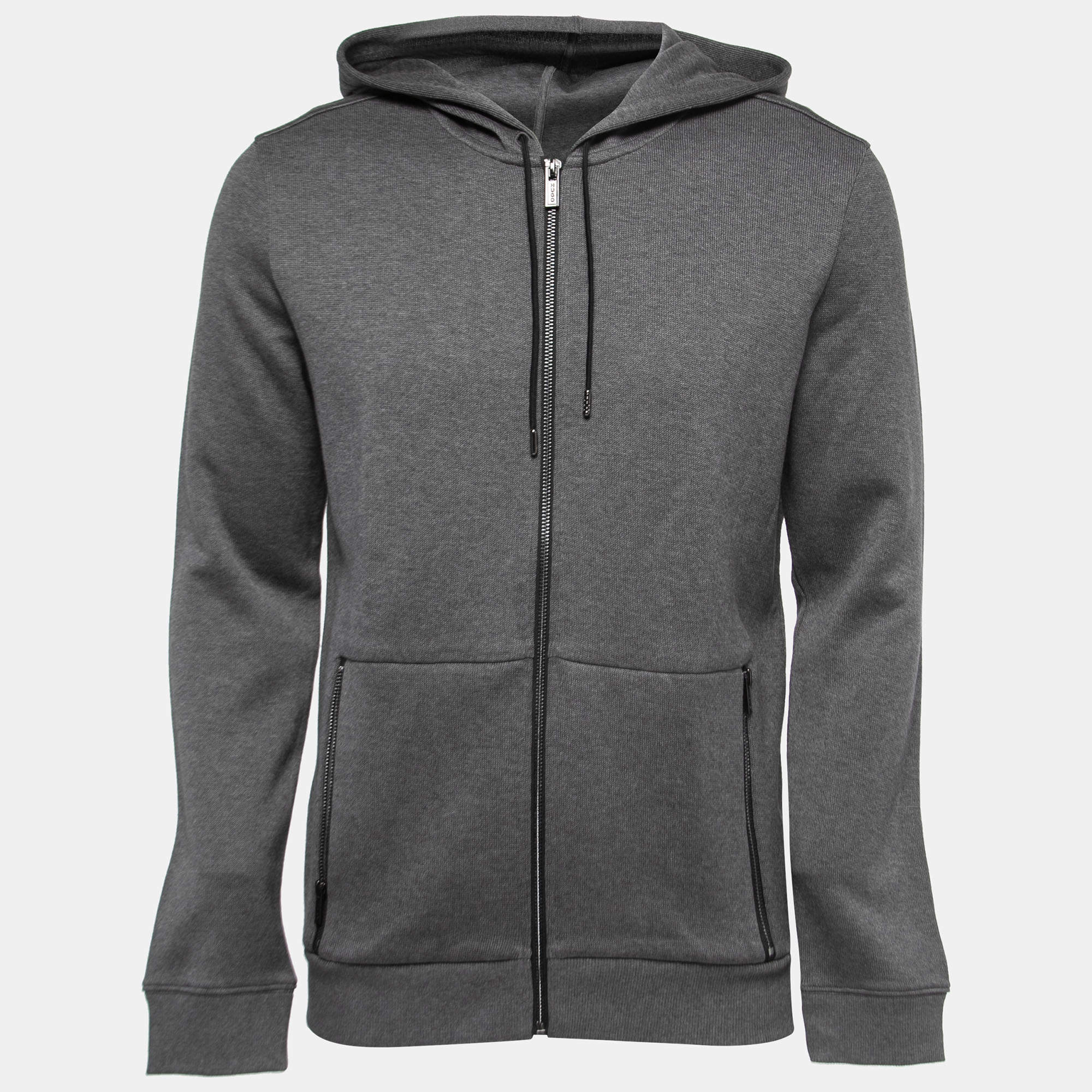 Pre Owned Hugo Boss Grey Cotton Knit Zip Front Hooded Jacket M