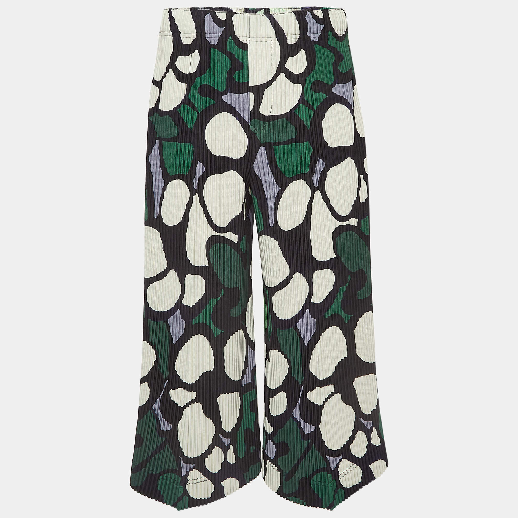 Issey Miyake Homme Plisse Green Printed Stretch Crepe Pleated Trousers M