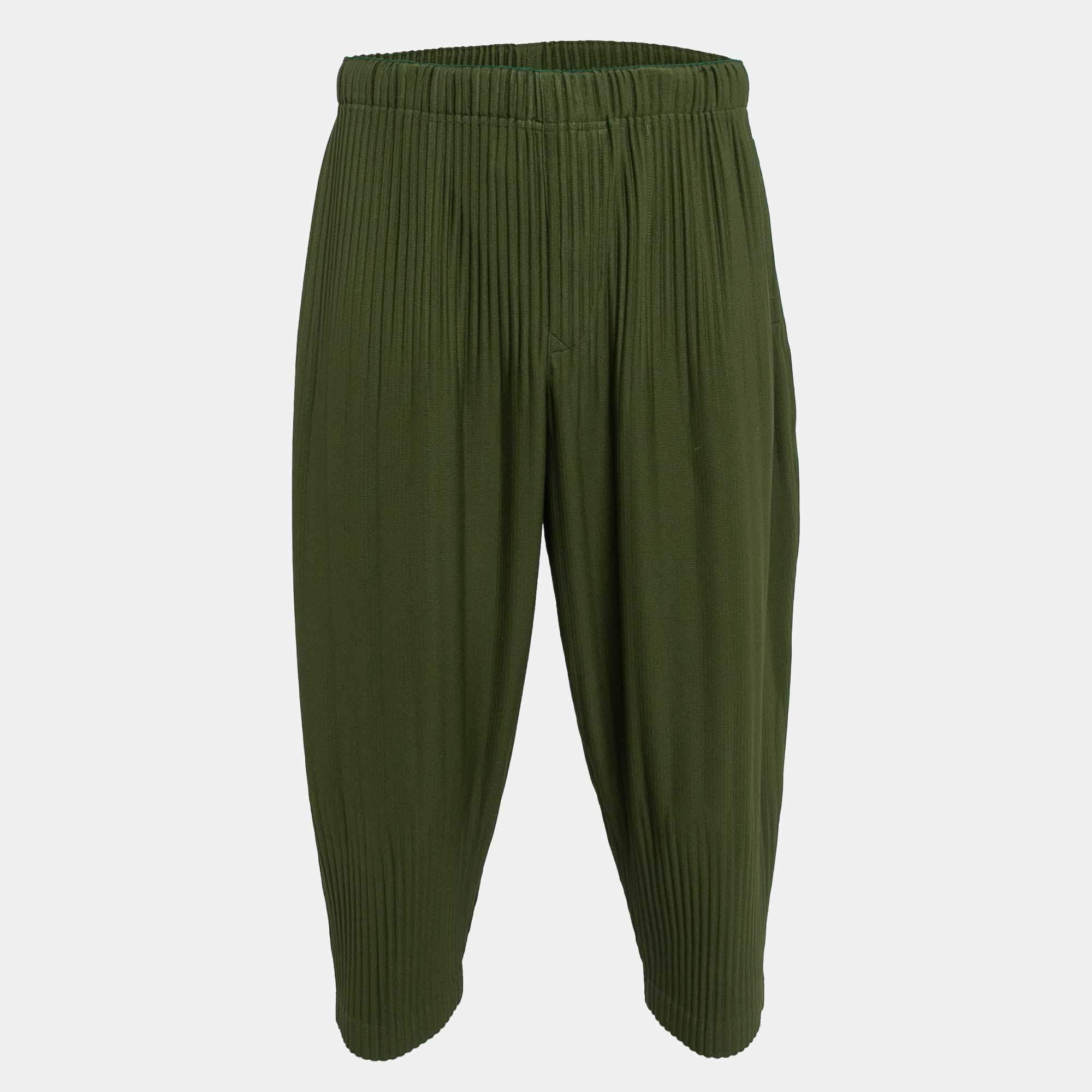 Issey Miyake Homme Plisse Olive Green Knit Pleated Trousers S