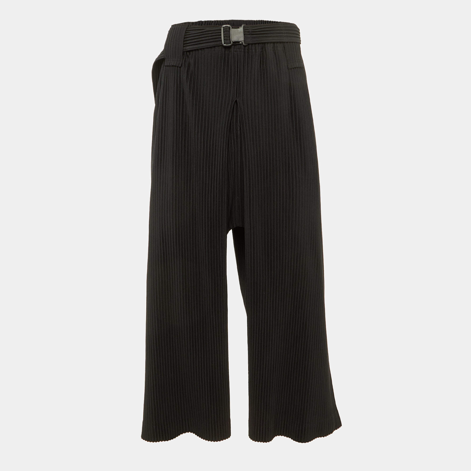 Pre Owned Issey Miyake Homme Plisse Black Crepe Pleated Wide Leg Trousers M