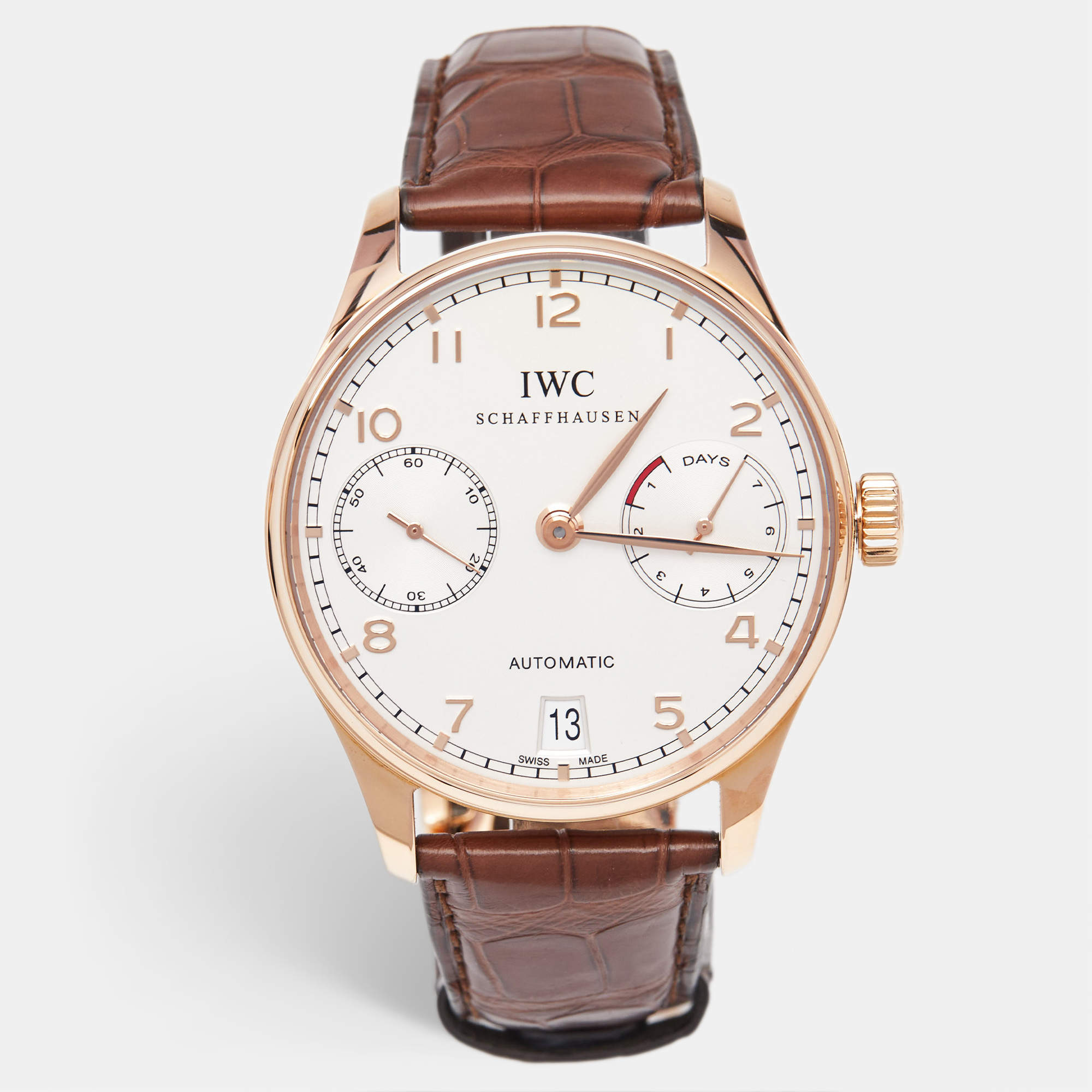 IWC Schaffhausen Silver 18K Rose Gold Alligator Leather Portuguese IW5001-01 Men's Wristwatch 42.30 mm