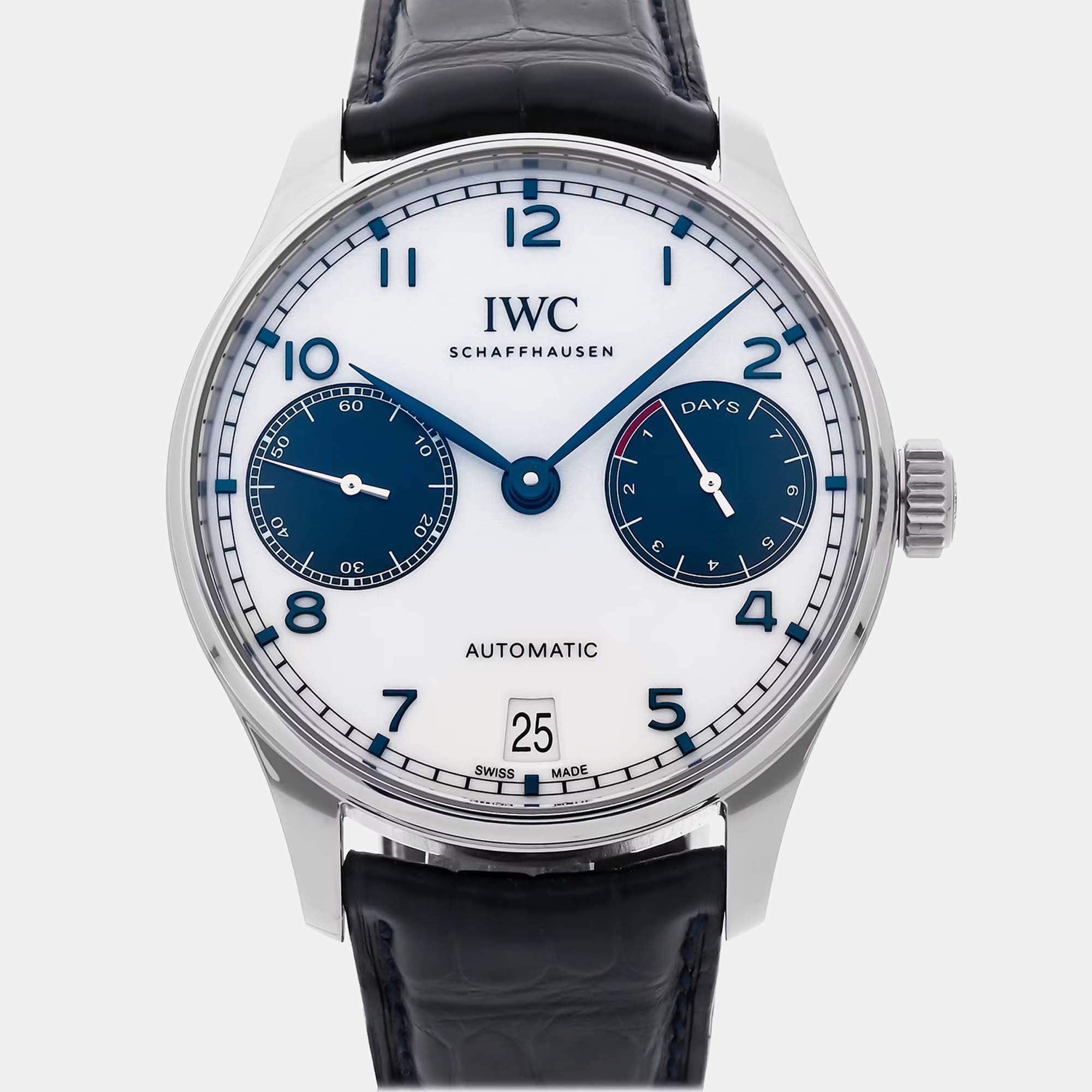 IWC White Stainless Steel Portugieser Automatic Men's Wristwatch 42 mm