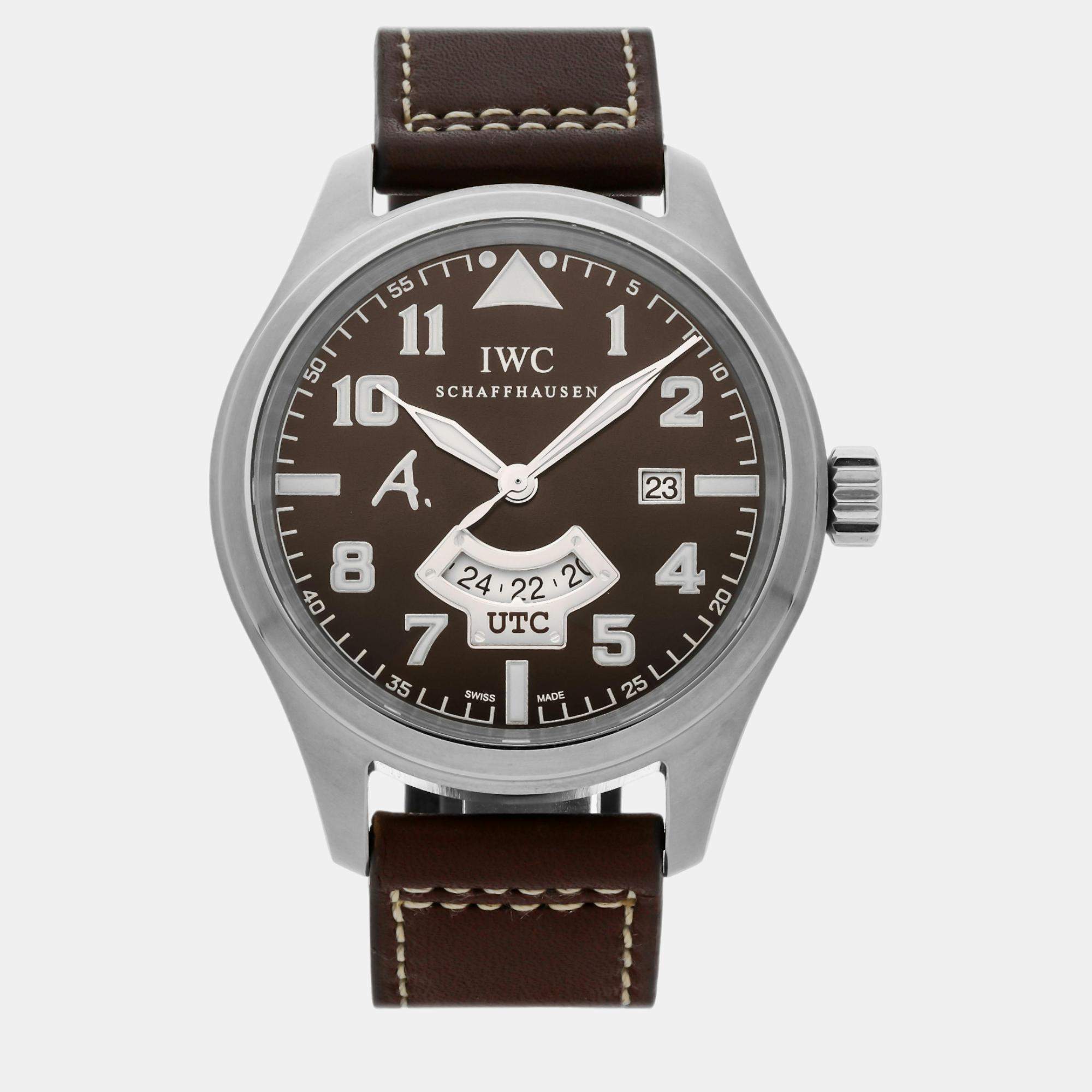 IWC Brown Stainless Steel Pilot's IW3261-04 Automatic Men's Wristwatch 44 mm