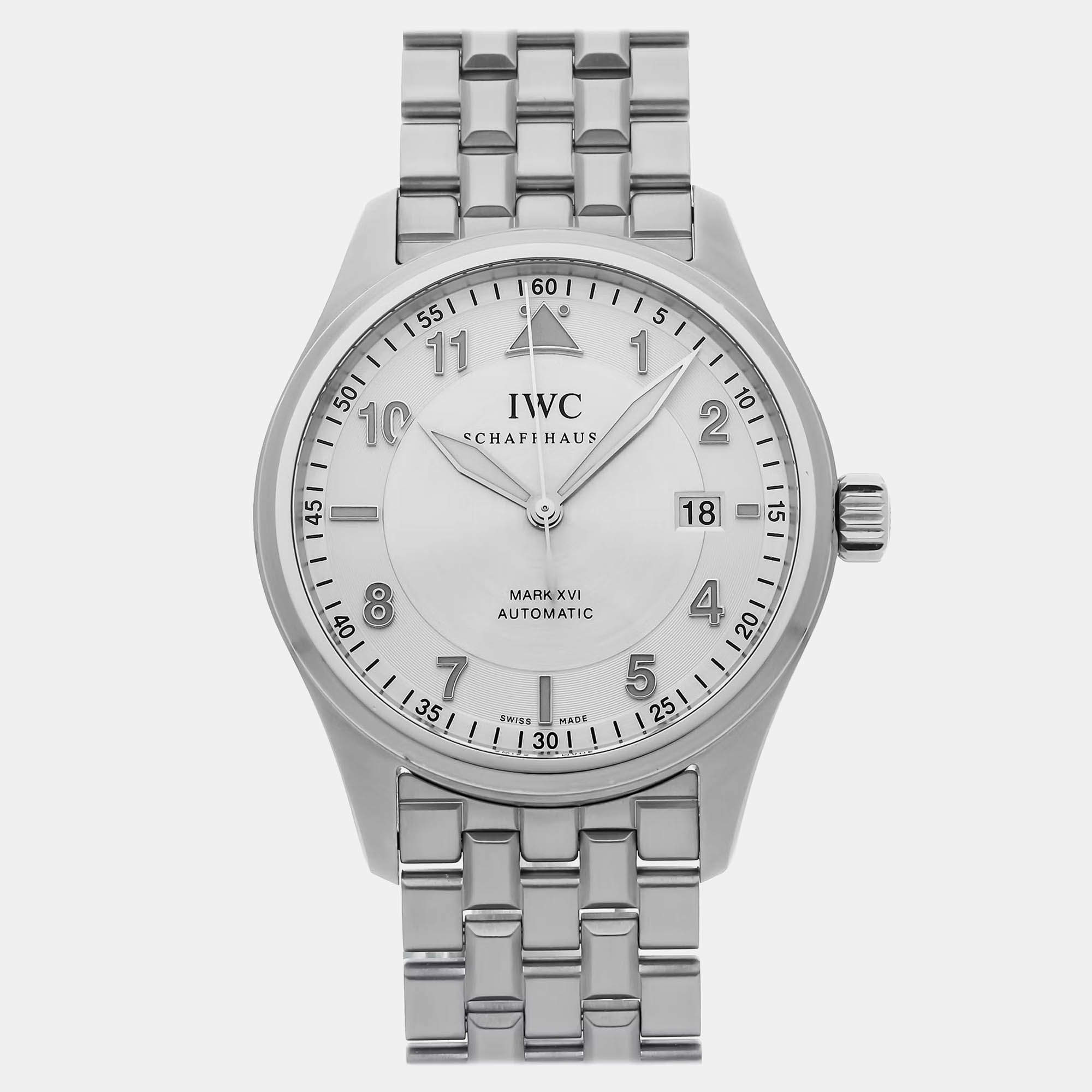 IWC Silver Stainless Steel Pilot's IW3255-05 Automatic Men's Wristwatch 38 mm