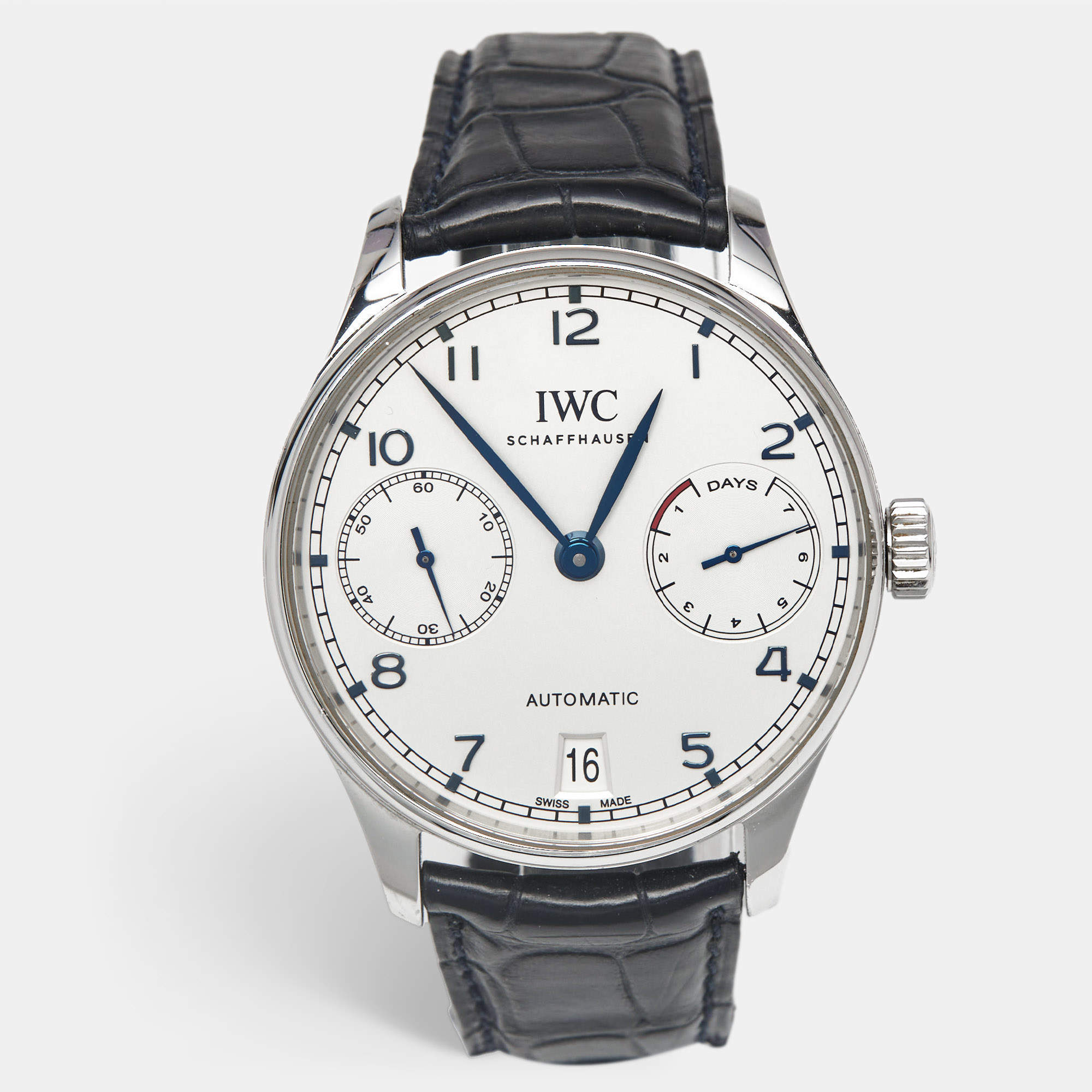 IWC Schaffhausen Silver Stainless Steel Alligator Leather Portugieser IW500705 Men's Wristwatch 42.30 mm