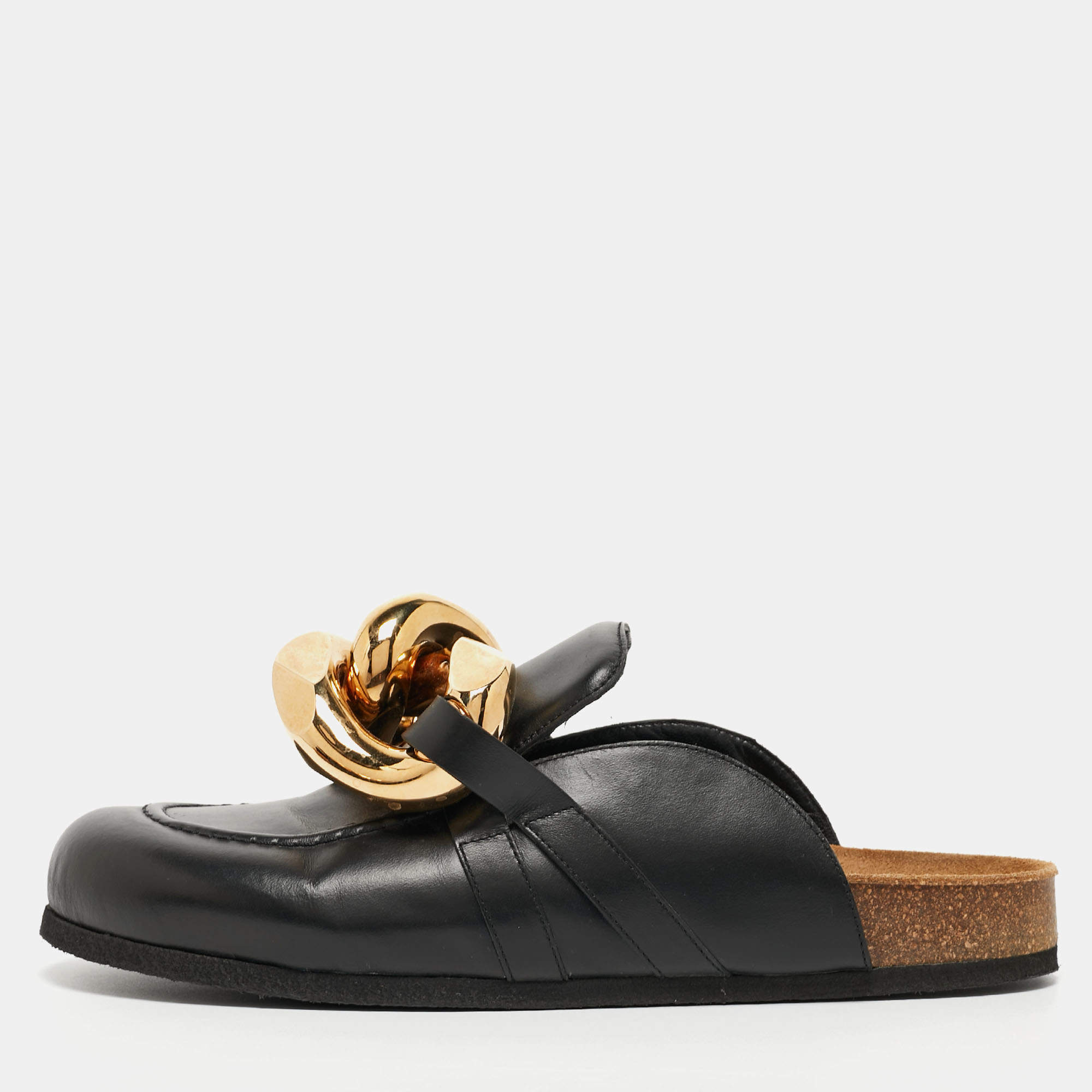 J.W.Anderson Black Leather Chain Link Flat Mules Size 43
