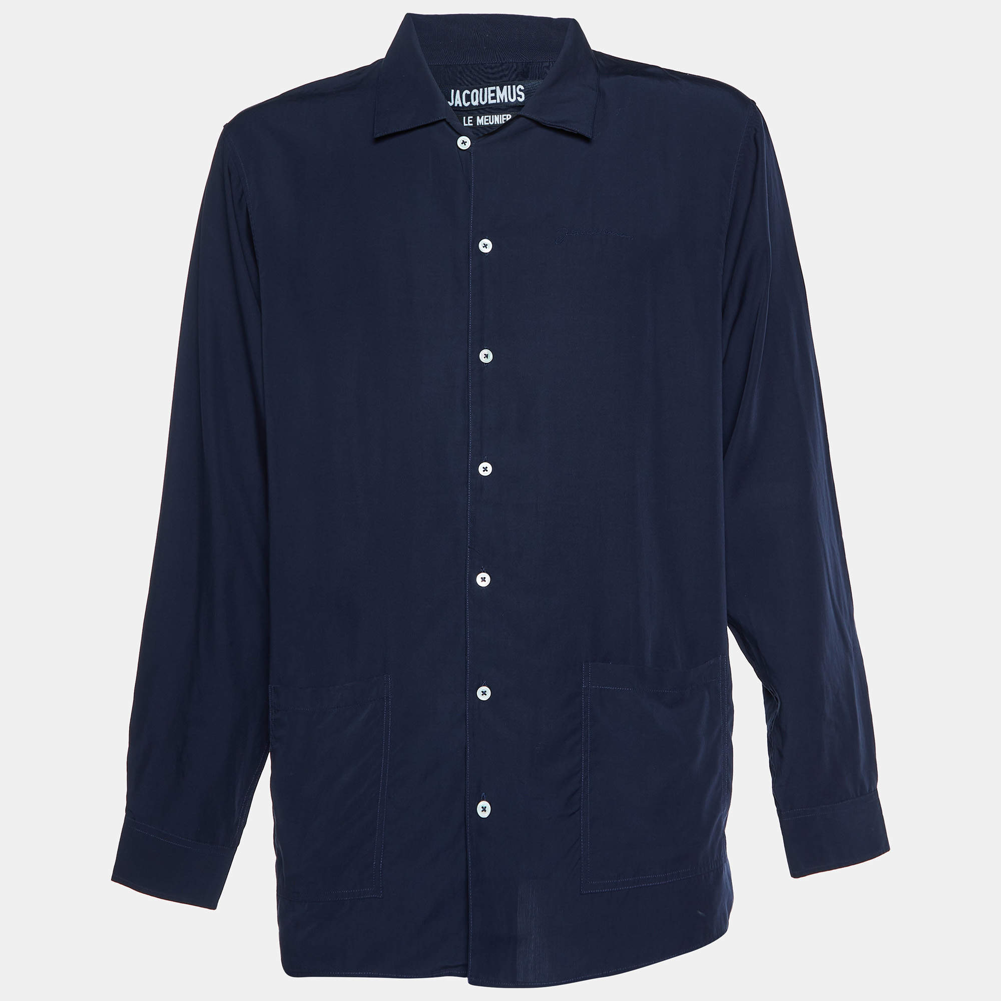 Pre Owned Jacquemus Navy Blue Poplin Etienne Camp Collar Shirt M