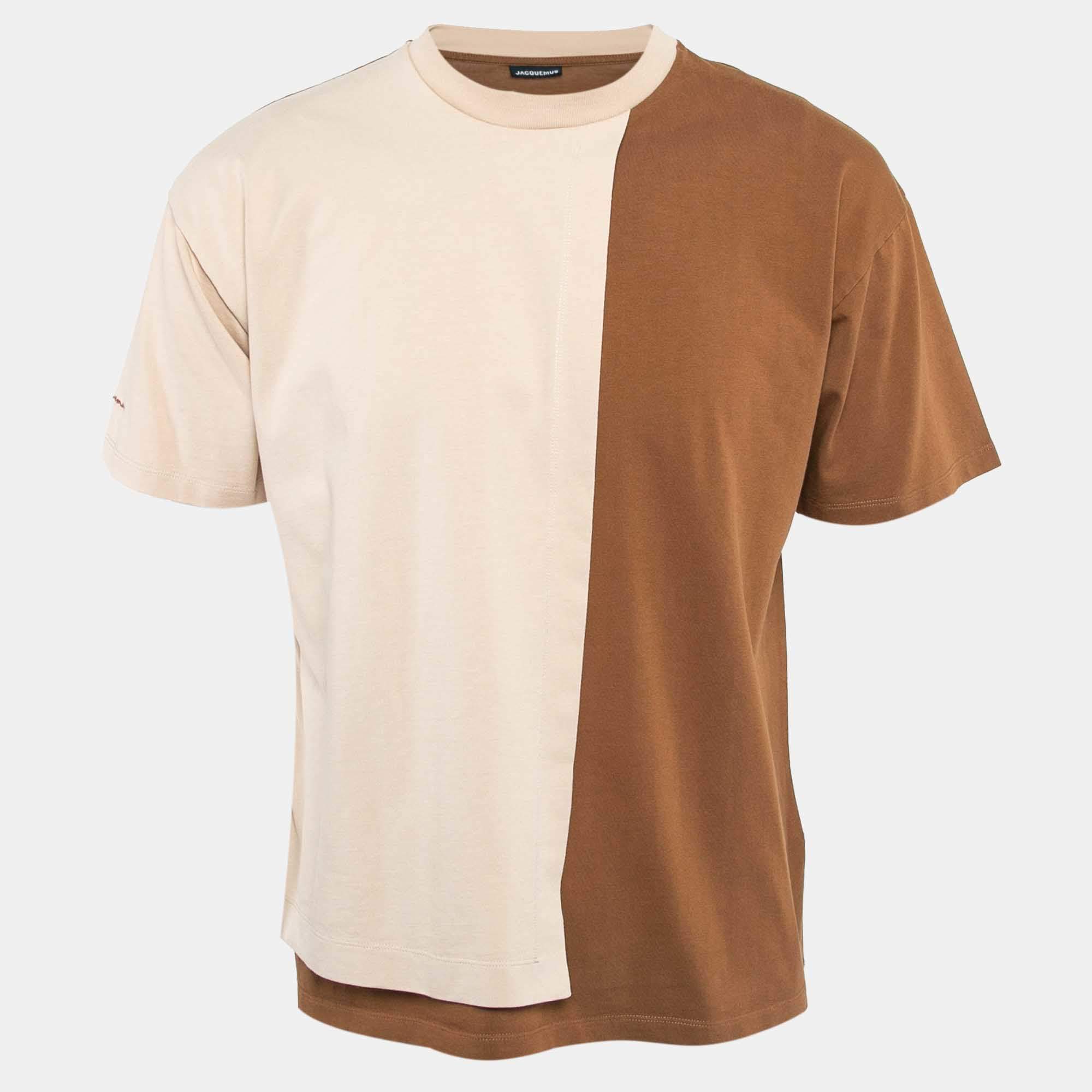 Pre Owned Jacquemus Beige/Brown Cotton Jersey Le Double Contrast Panel T-Shirt M