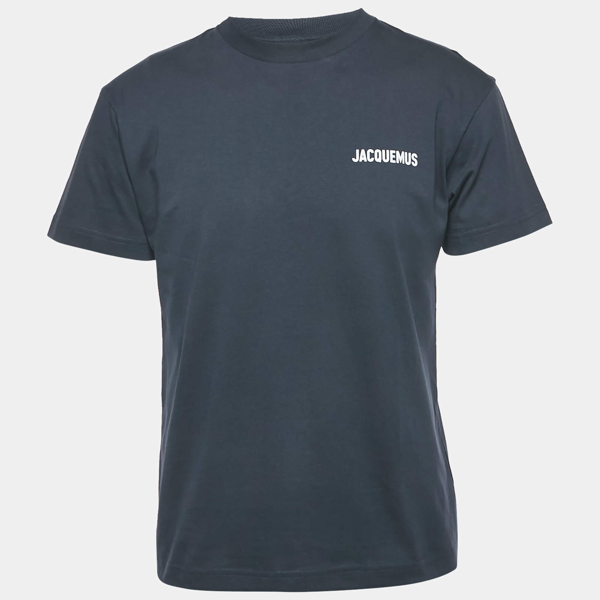 Pre Owned Jacquemus Navy Blue Logo Printed Cotton Crewneck T-Shirt S    