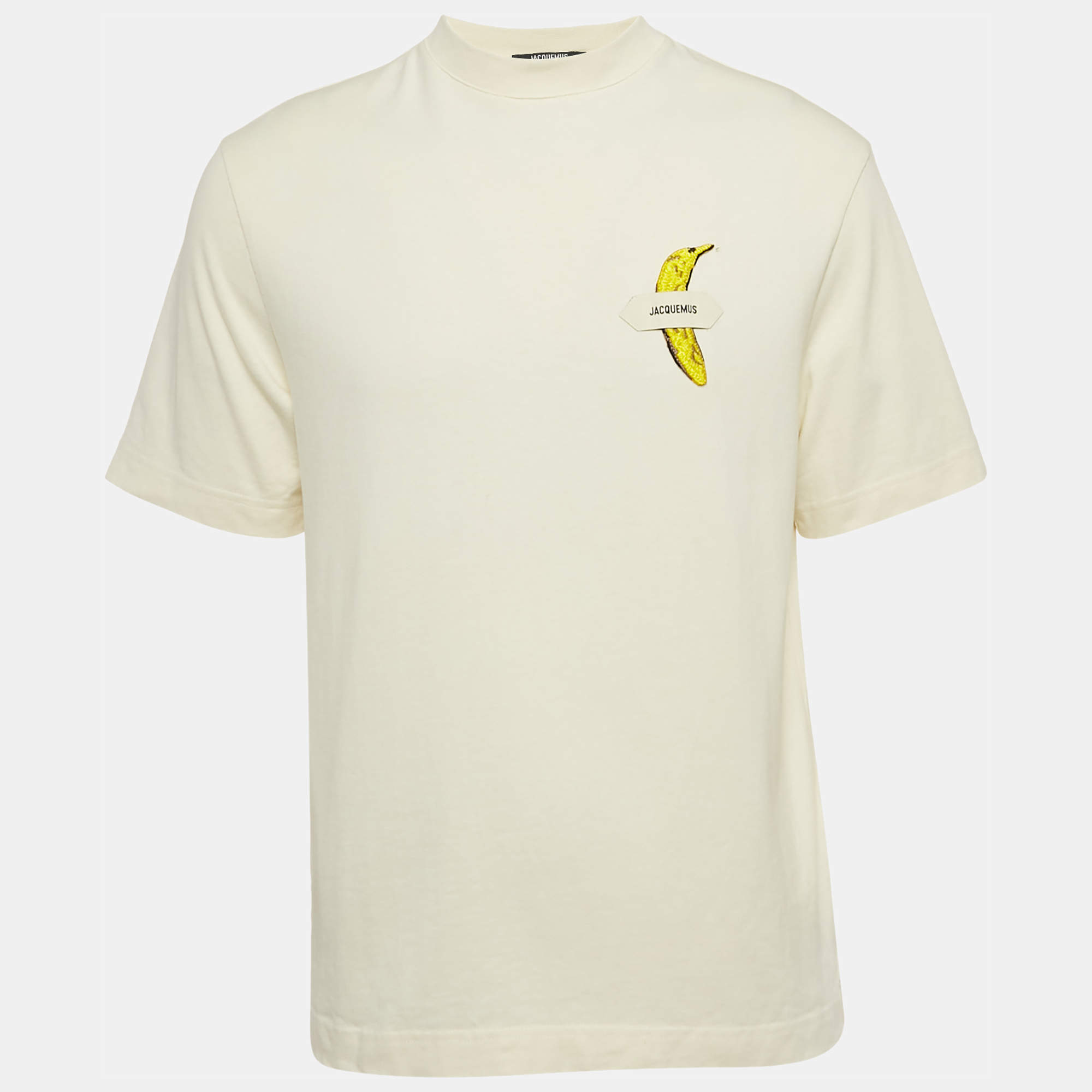 Pre Owned Jacquemus Off-White Cotton Banana Patch Detail Crew Neck T-Shirt XS