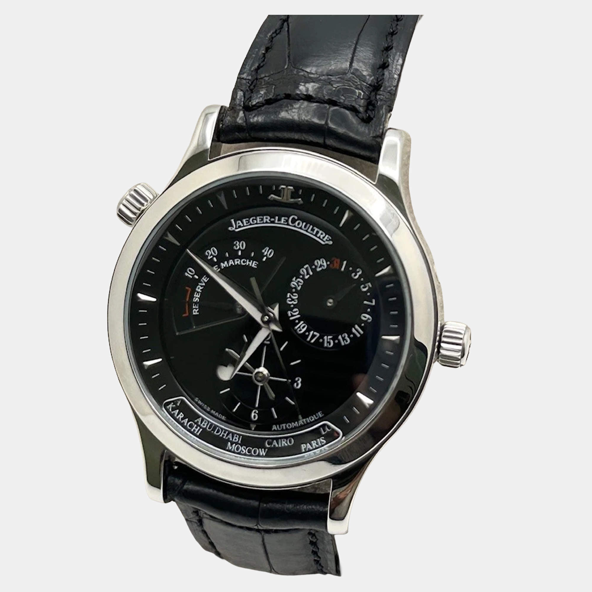 Pre Owned Jaeger-LeCoultre Master Geographic 142.8.92.S Automatic Black Dial Stainless Steel Men's Wristwatch 38 mm