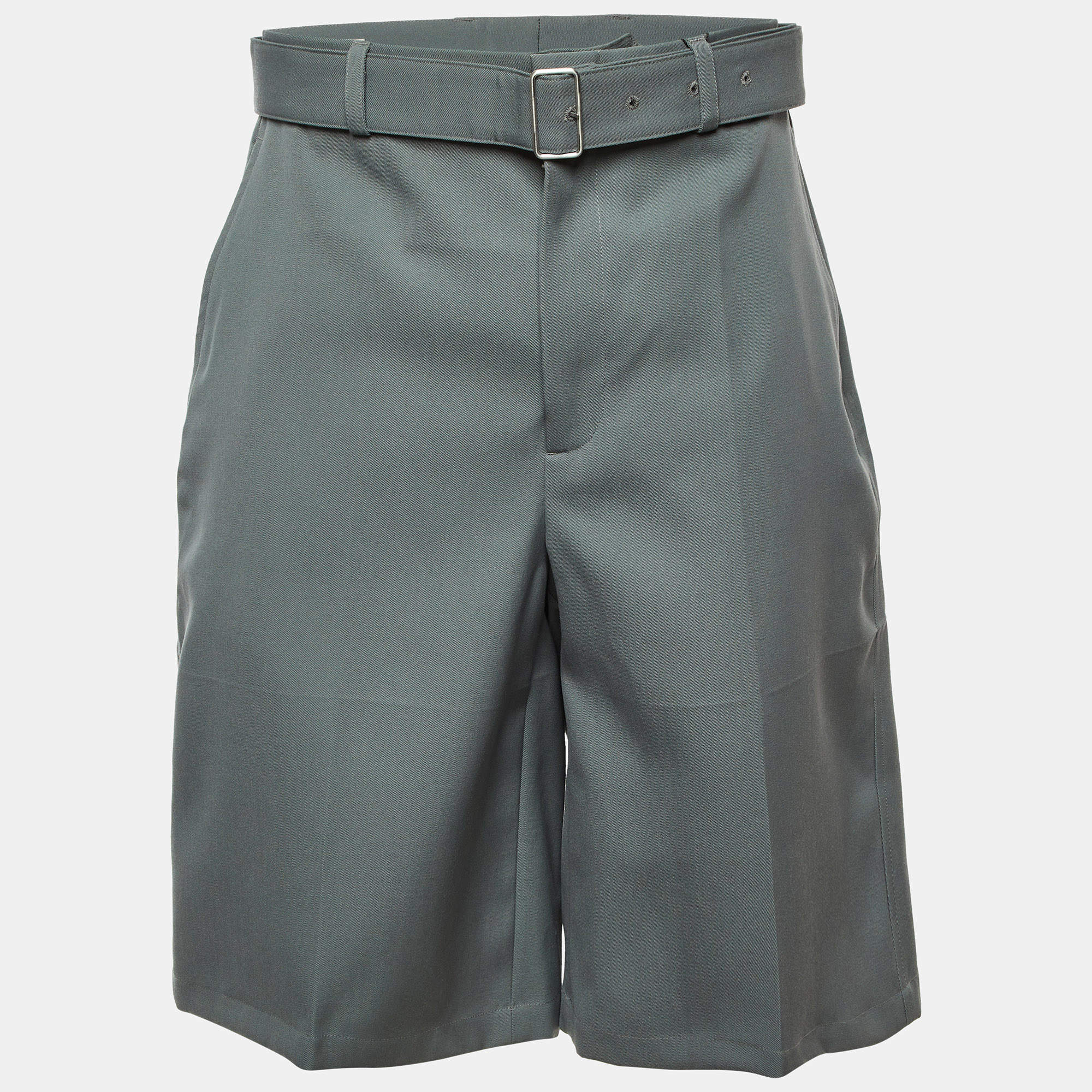 Pre Owned Jil Sander Celadon Green Wool Wide Leg Belted Shorts M