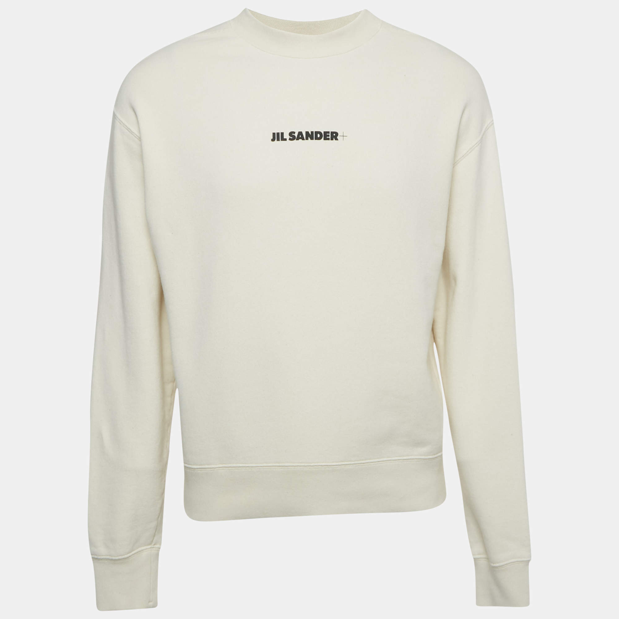 Pre Owned Jil Sander Beige Logo Print Cotton Crewneck Sweatshirt M