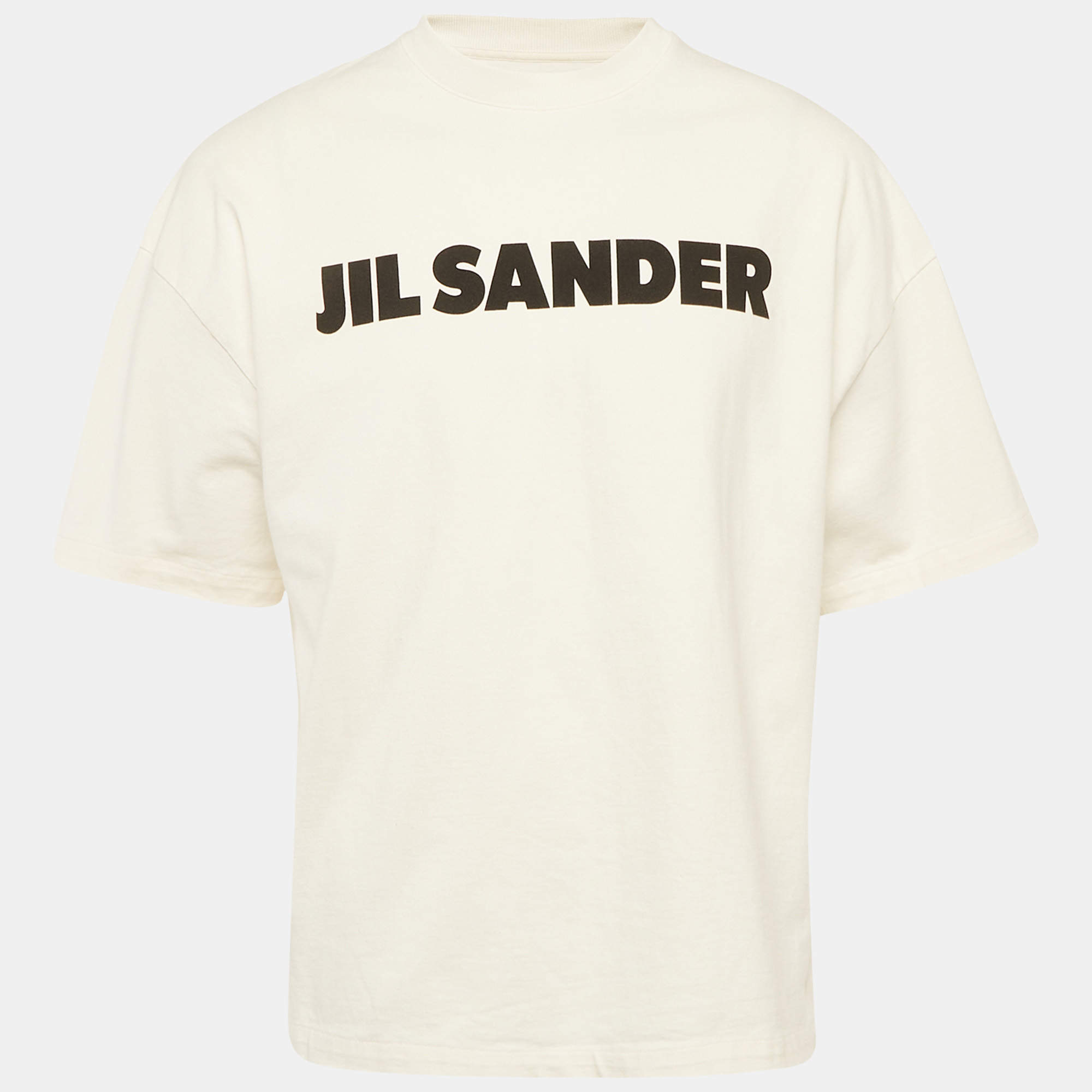 Pre Owned Jil Sander White Logo Print Jersey Crewneck T-Shirt M
