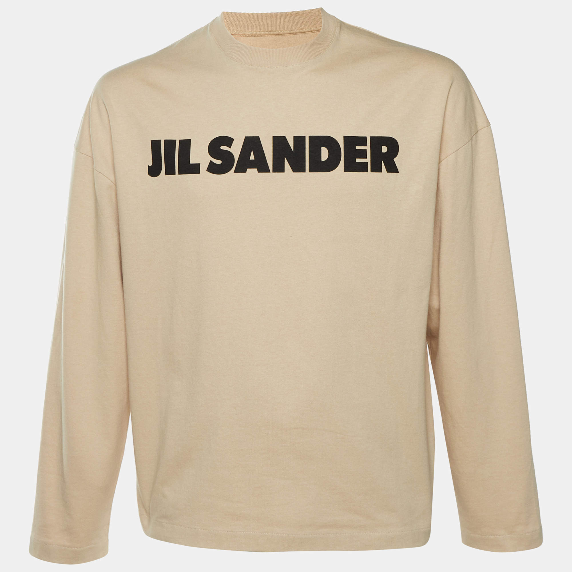 Pre Owned Jil Sander Beige Logo Print Cotton Long Sleeve T-Shirt XS