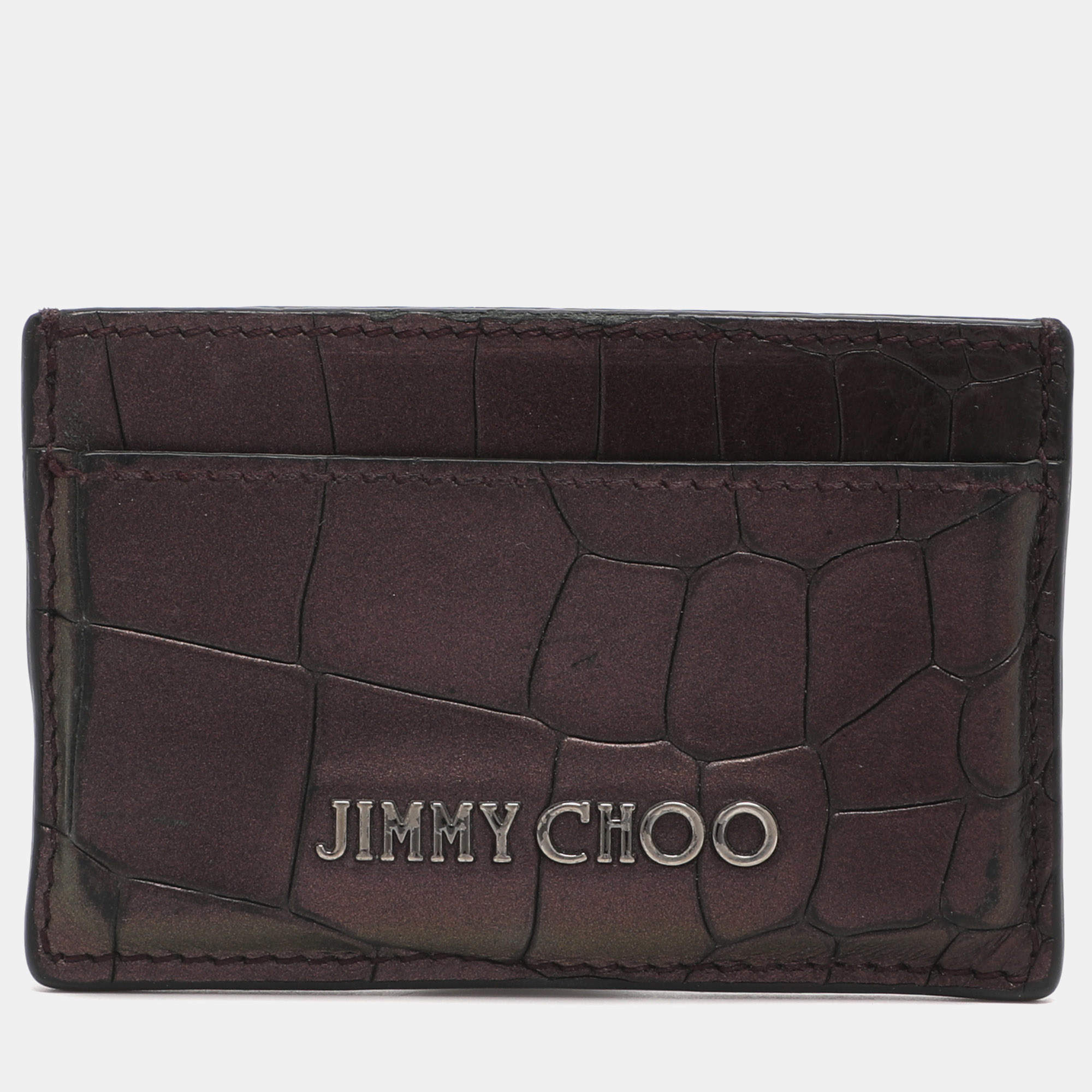 Pre Owned Jimmy Choo Metallic Purple Croc Embossed Leather Card Holder