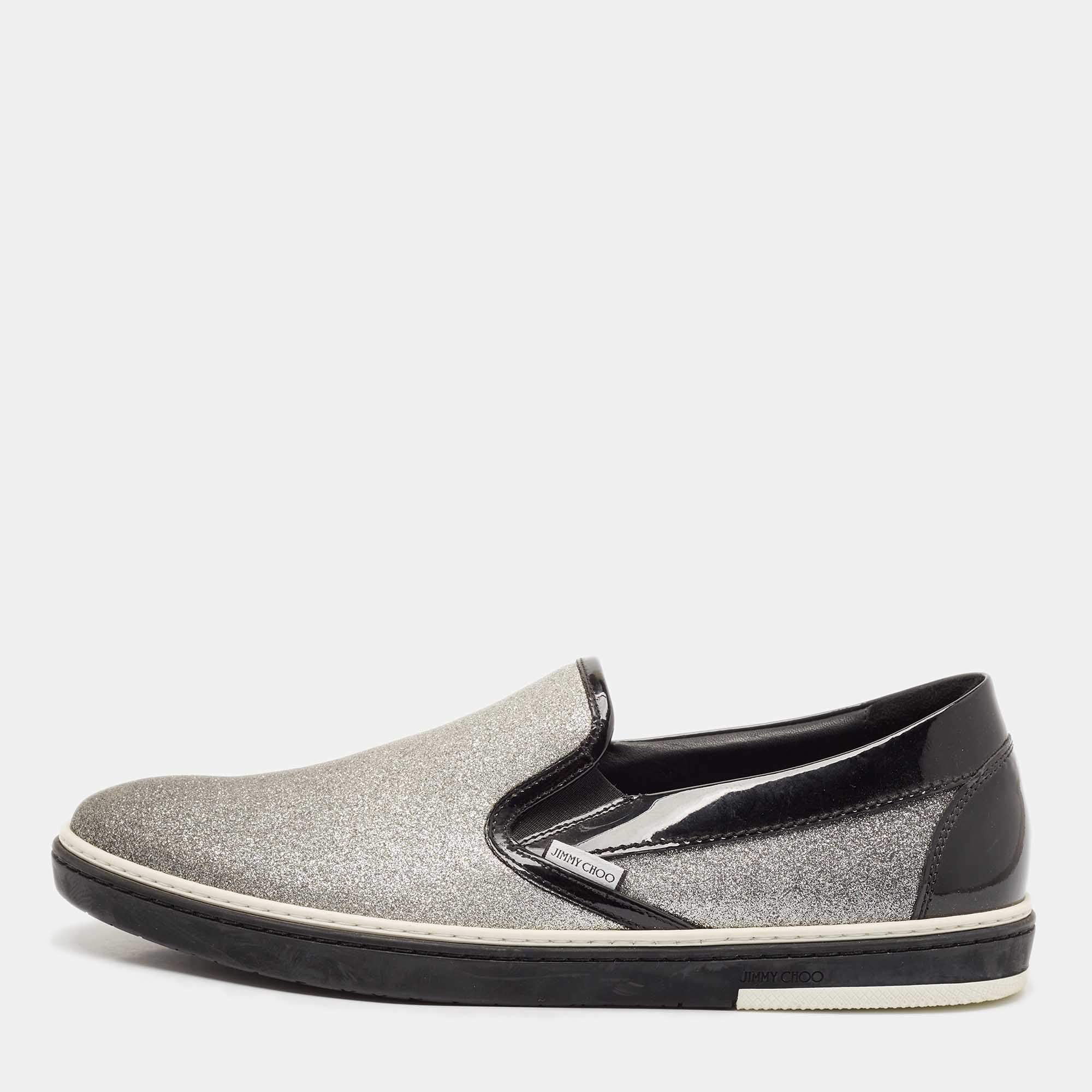 Jimmy Choo Black/Silver Patent Leather and Glitter Slip On Sneakers Size 44