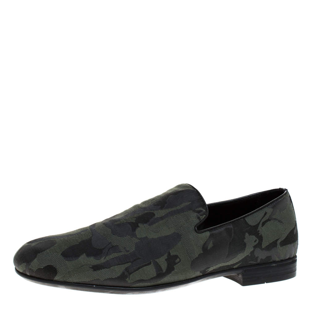 Jimmy Choo Green/Black Camouflage Fabric Sloane Smoking Slippers Size 43