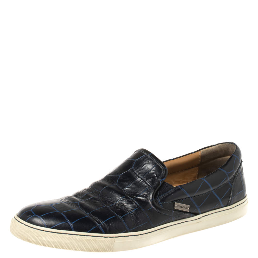 Jimmy Choo Navy Blue Croc Embossed Leather Slip On Sneakers Size 42