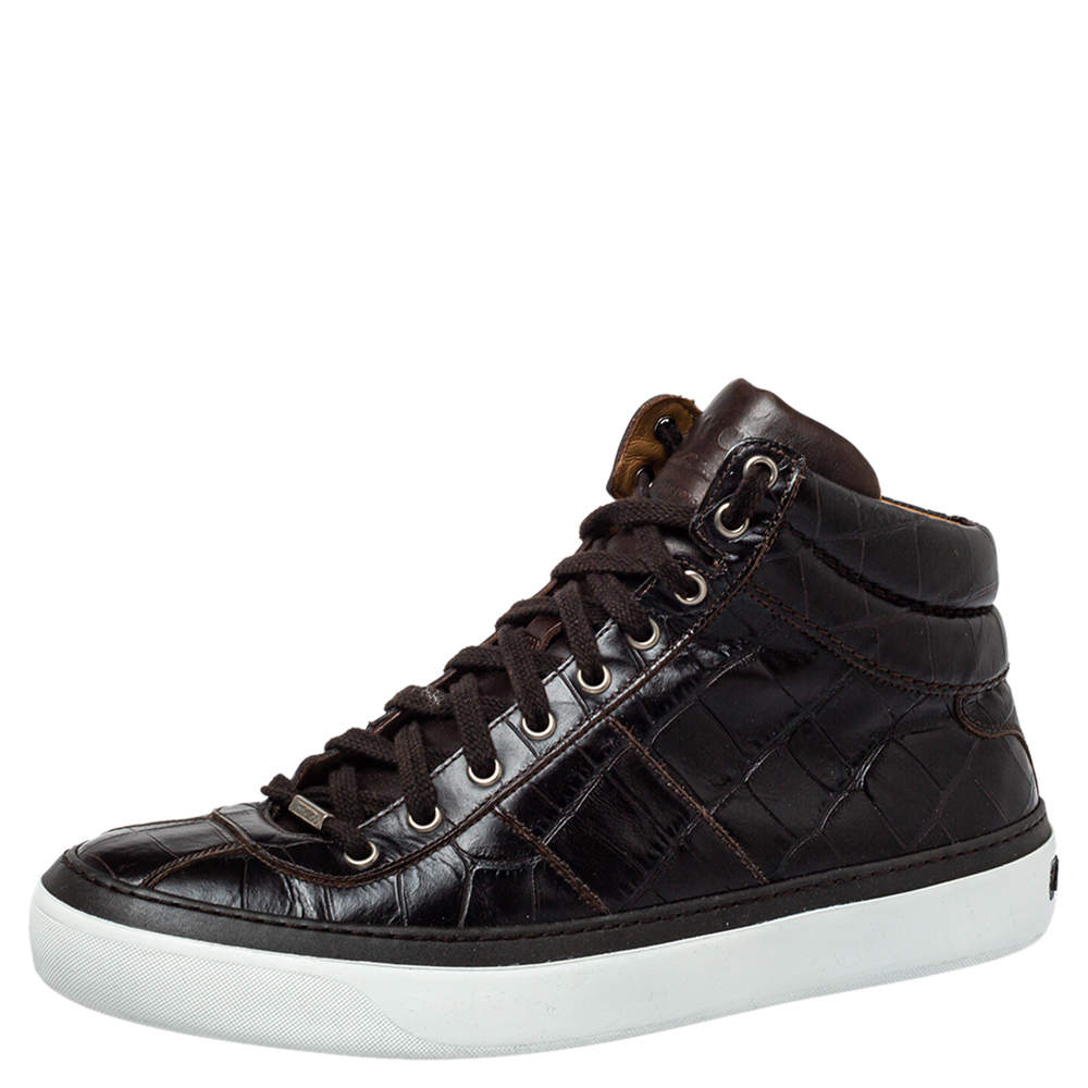 Pre Owned Jimmy Choo Brown Crocodile Embossed Leather Belgravia High Top Sneakers Size 43