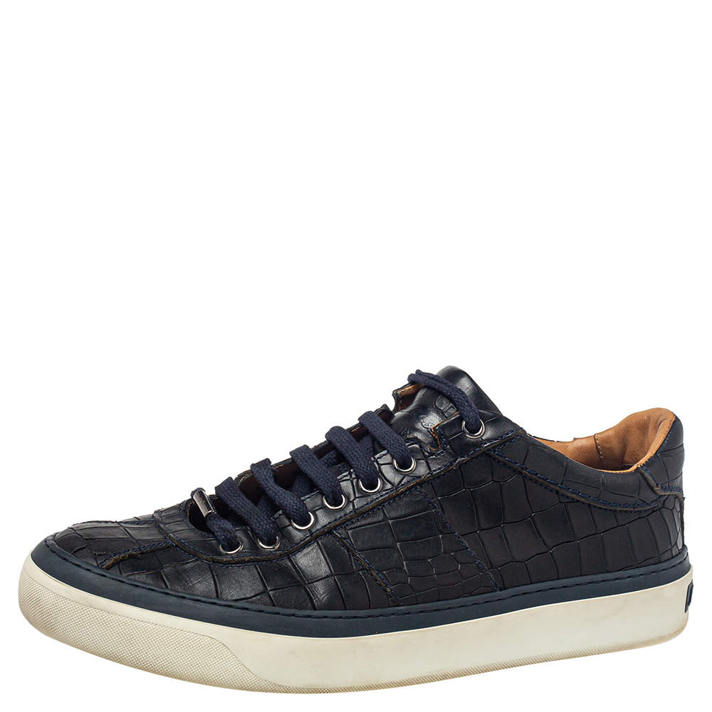 Jimmy Choo Black Croc Embossed Leather Belgravia Low Top Sneakers Size 41