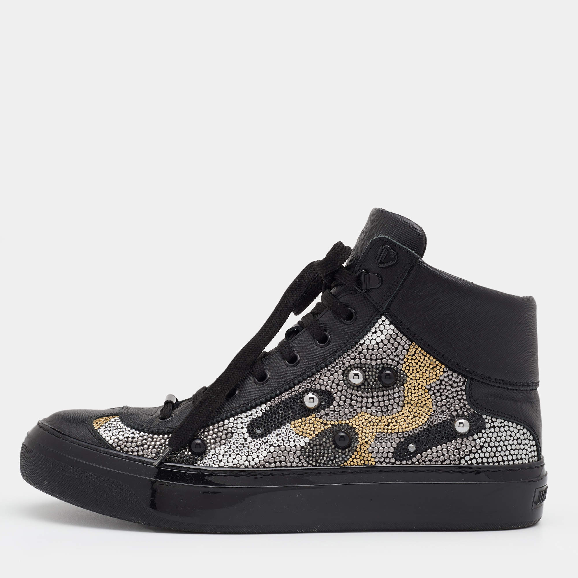Jimmy Choo Black Leather Argyle Embellished High Top