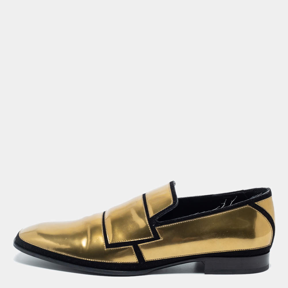 Jimmy Choo Gold Patent And Suede Slip On Loafers Size 46