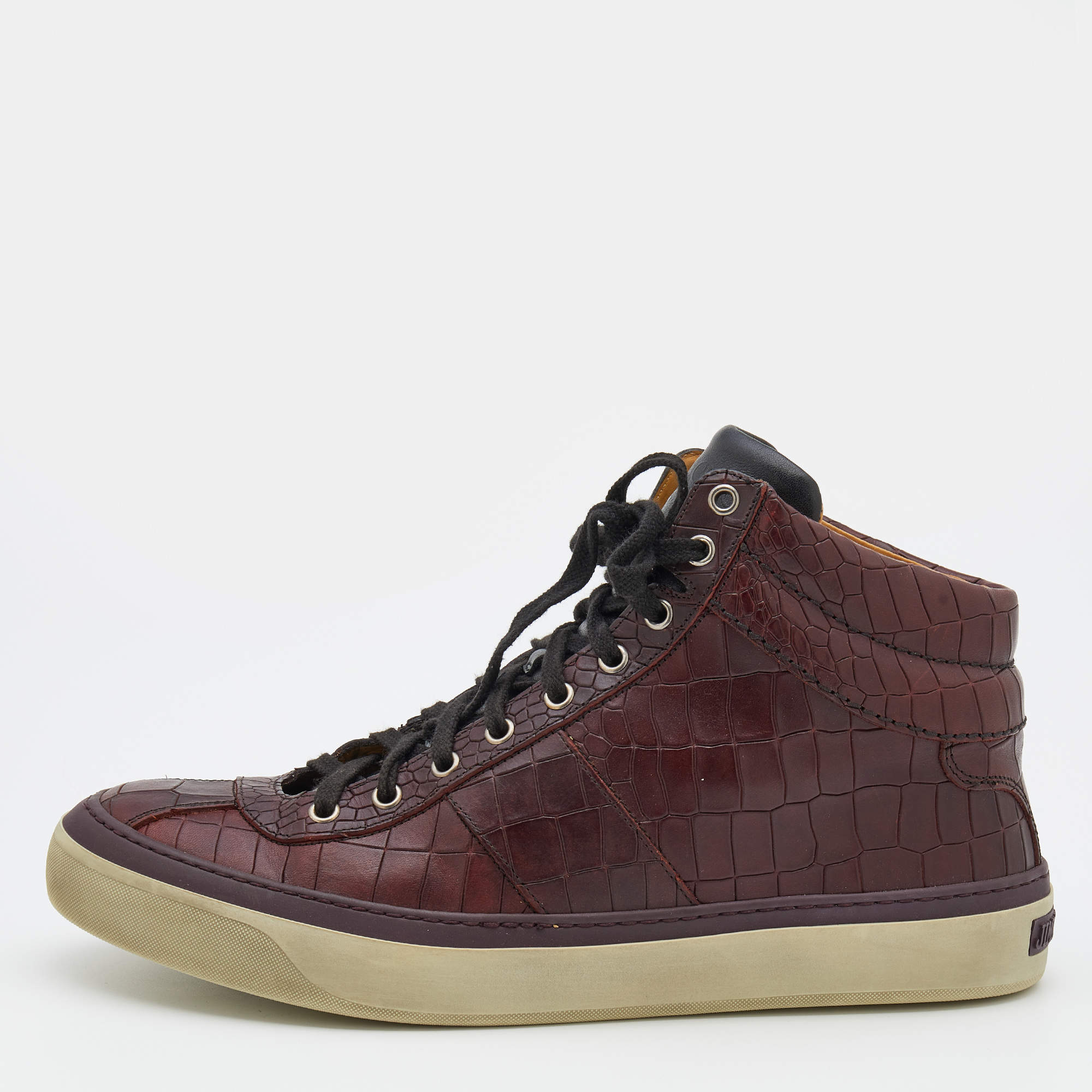 Pre Owned Jimmy Choo Dark Brown Croc Embossed Leather Belgravia High Top Sneakers Size 45