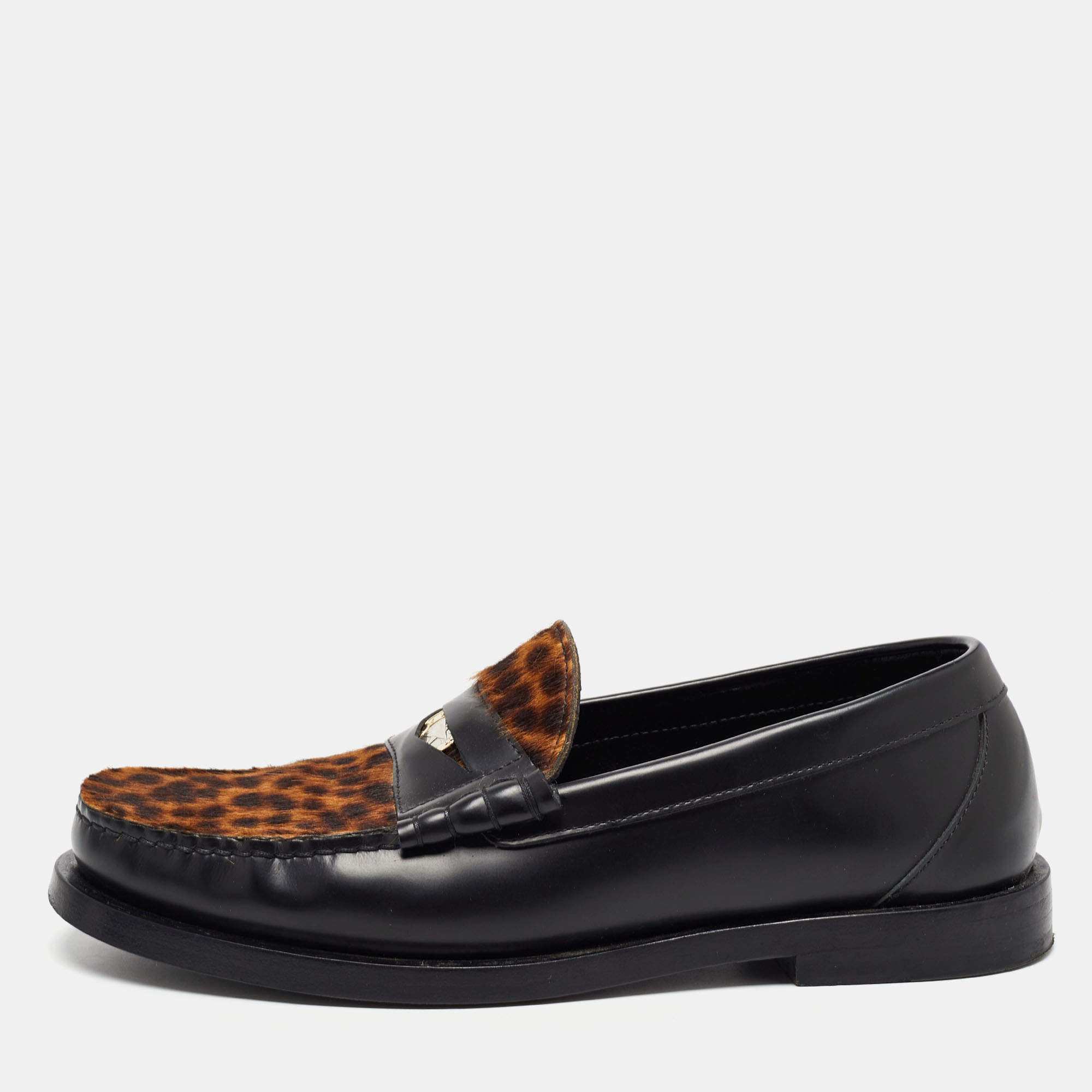 Jimmy Choo Black/Brown Leopard Print Calfhair and Leather Penny Loafers Size 39.5
