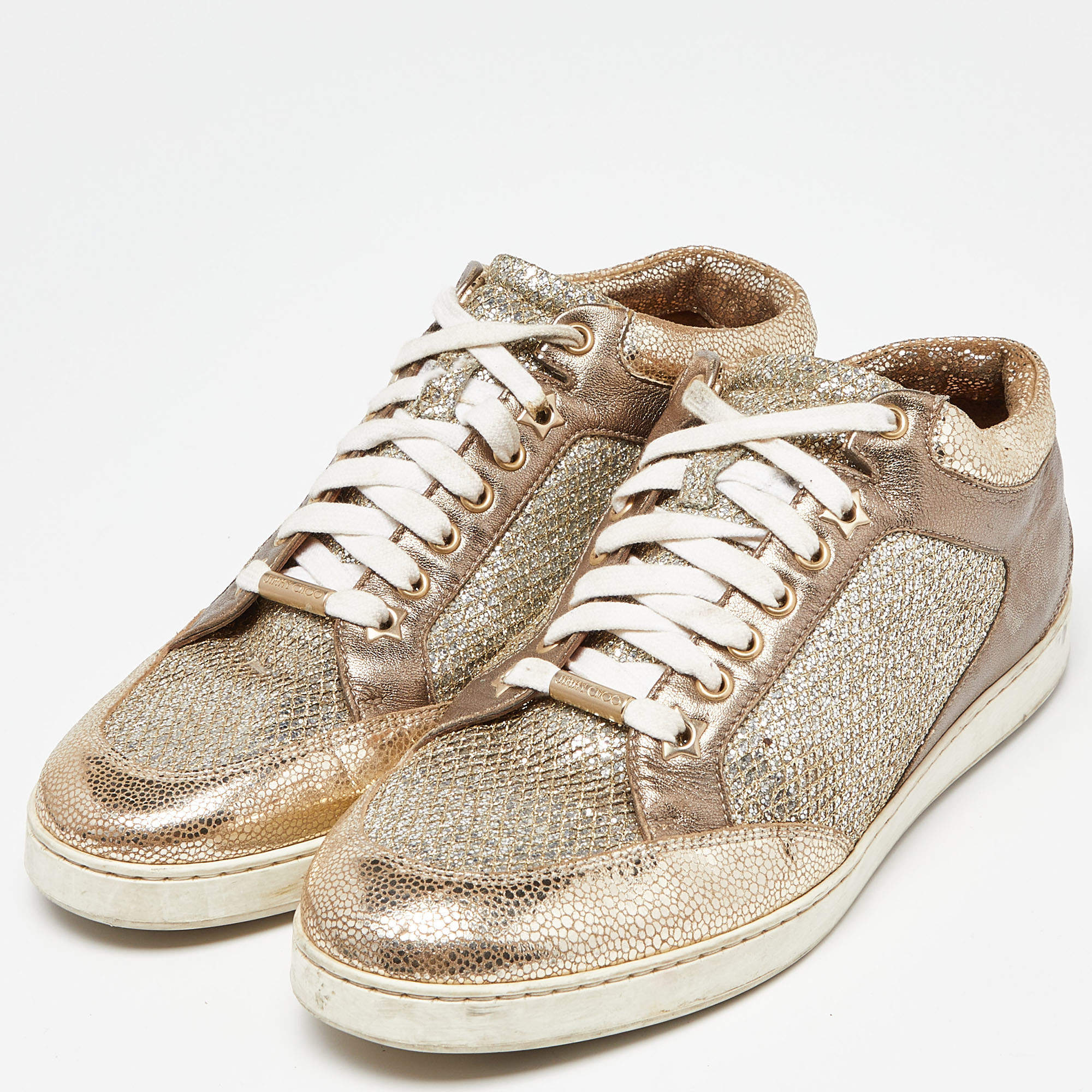 Jimmy Choo Gold Leather and Coarse Glitter Miami High Top