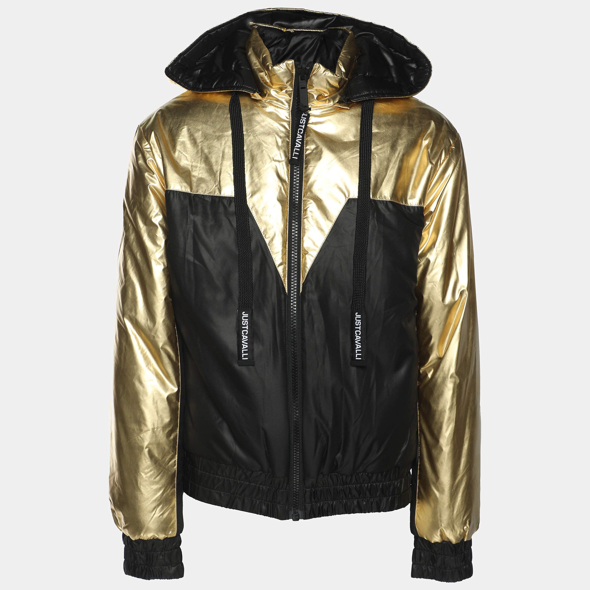 Pre Owned Just Cavalli Gold/Black Nylon Bomber Hoodie Jacket M