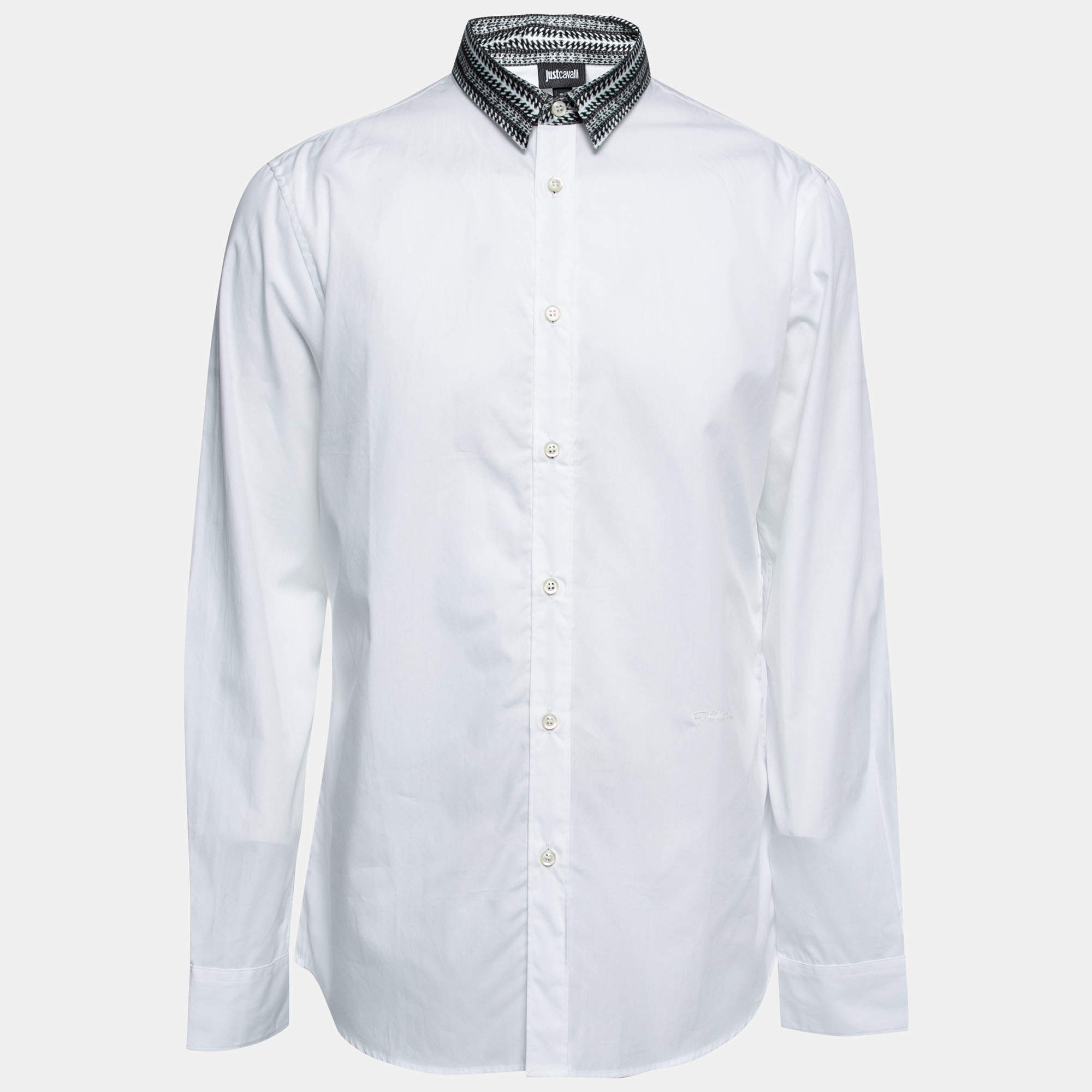 Pre Owned Just Cavalli White Cotton Contrast Collar Detail Button Front Shirt XXL