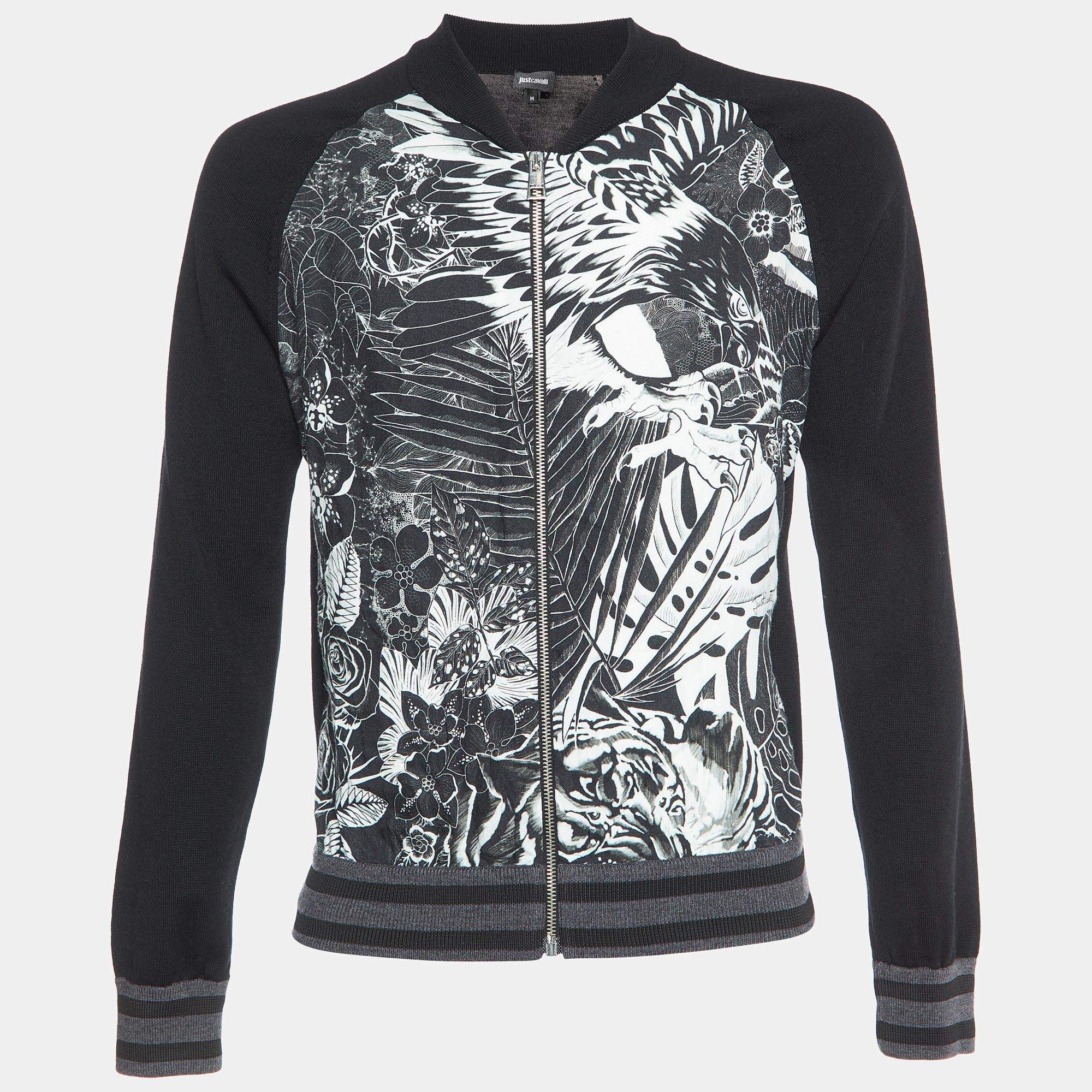 Just Cavalli Black Printed Wool Knit Zip-Up Jacket M