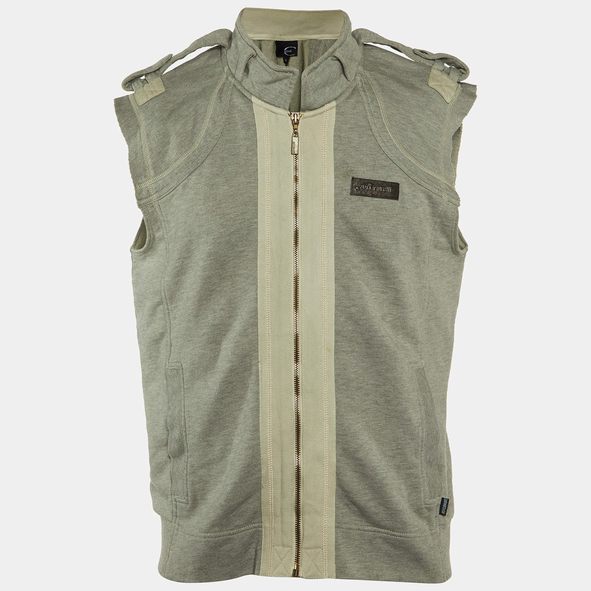 Just Cavalli Grey Cotton Zip Up Sleeveless Jacket XXL
