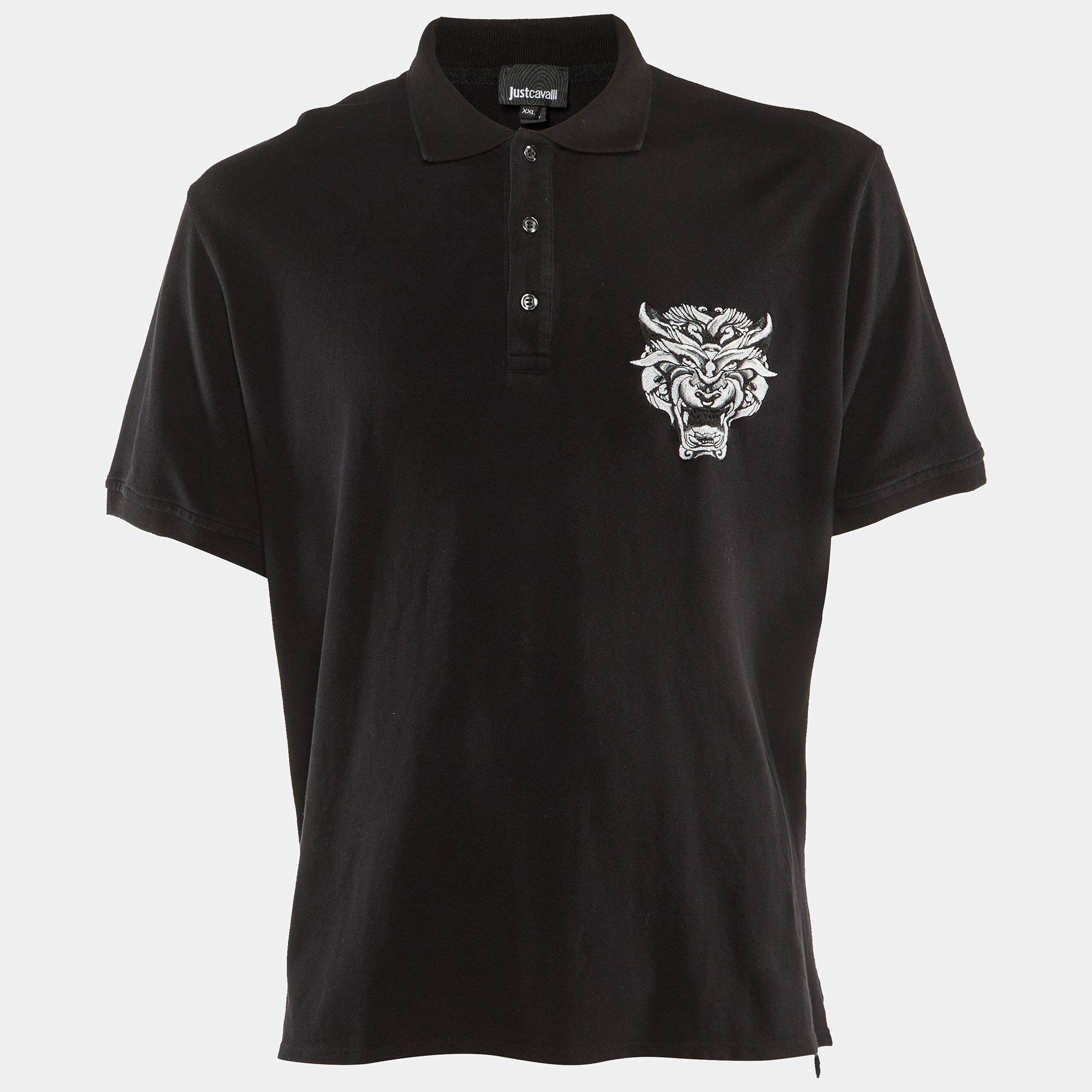 Just Cavalli Black Cotton Pique Embroidered T-Shirt XXL