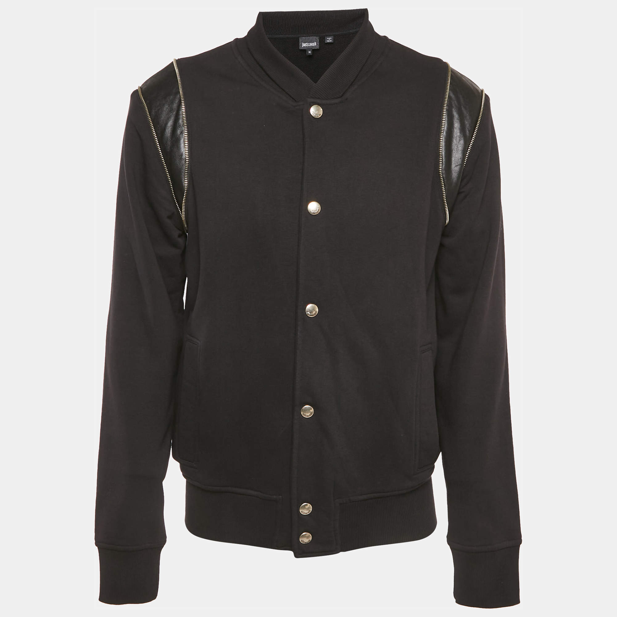 Pre Owned Just Cavalli Black Embroidered Cotton Knit Faux Leather Trim Jacket M