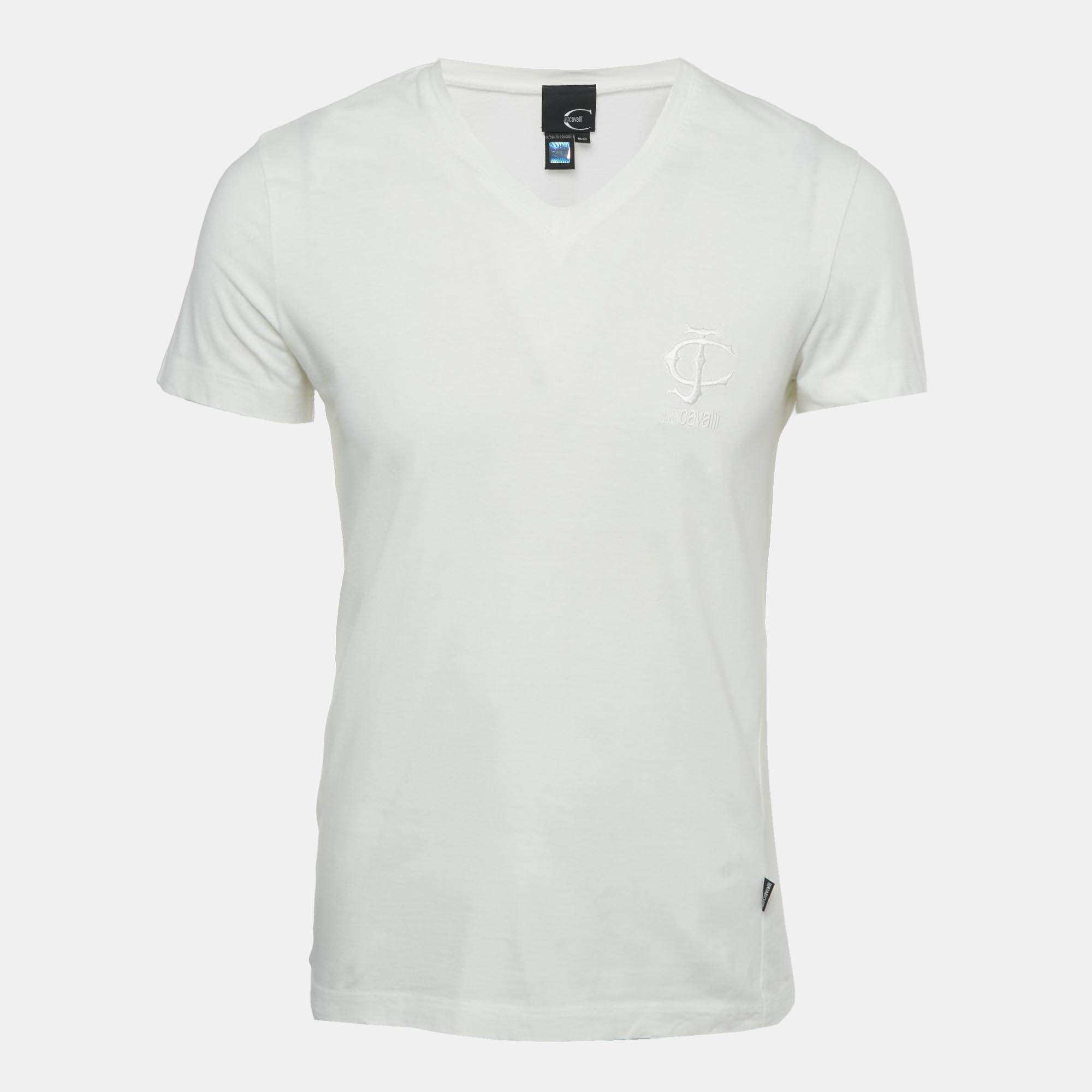 Pre Owned Just Cavalli White Logo Embroidered Jersey Fitted T-Shirt L