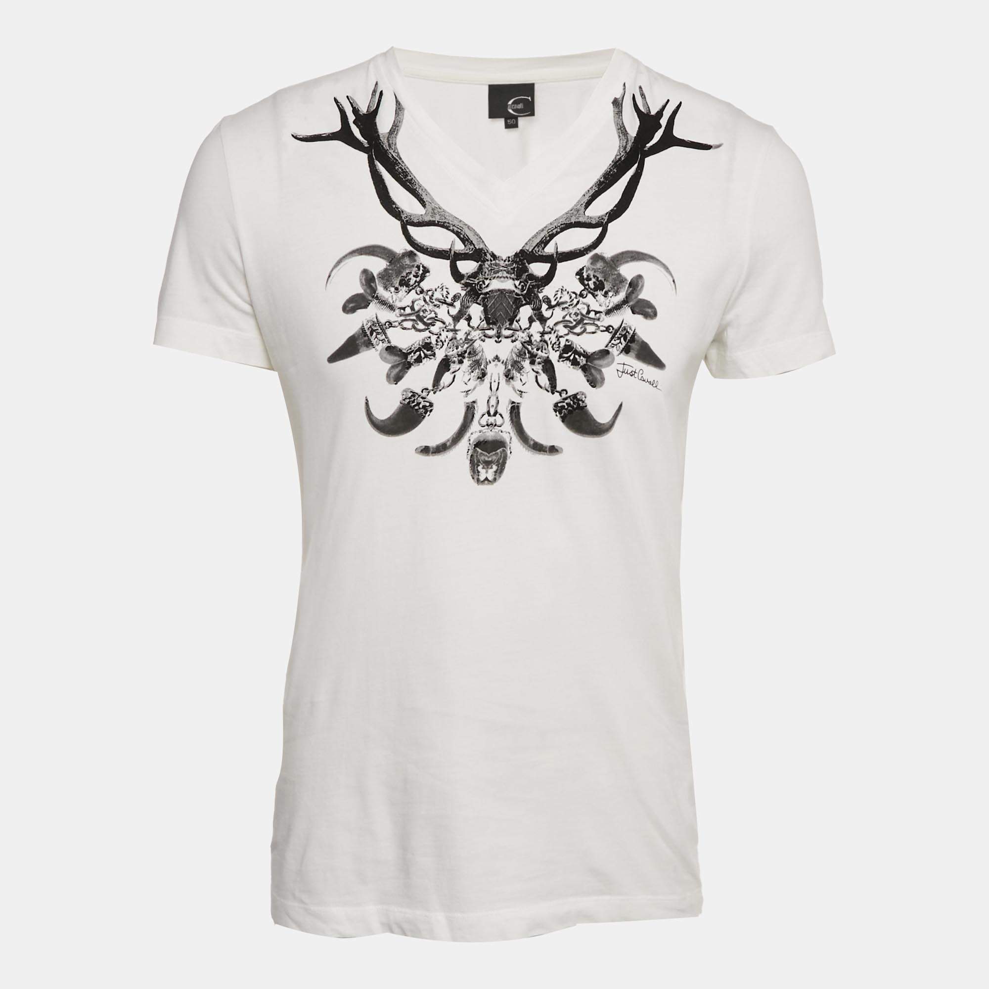 Pre Owned Just Cavalli White Printed Jersey V-Neck T-Shirt L